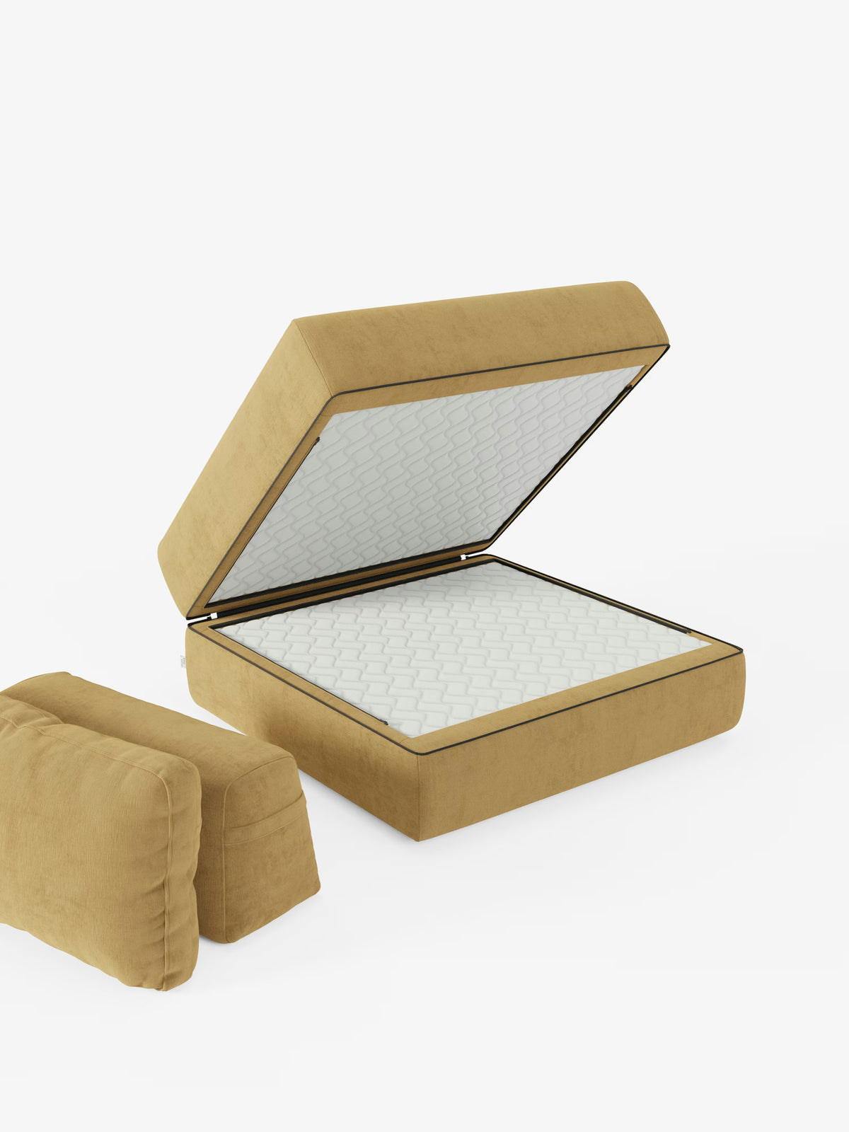 La poltrona letto Rift di Divani.Store presenta una struttura imbottita color cuoio con un materasso in memory foam alto 24 cm e uno schienale regolabile, il tutto rivestito in tessuto T31 antimacchia. Grazie alla piattaforma rialzata del materasso, il letto rivela un ampio vano contenitore sottostante, coniugando eleganza e praticità ispirate al design classico delle poltrone letto. Due cuscini rettangolari coordinati color cuoio sono disposti accanto al letto su uno sfondo bianco.