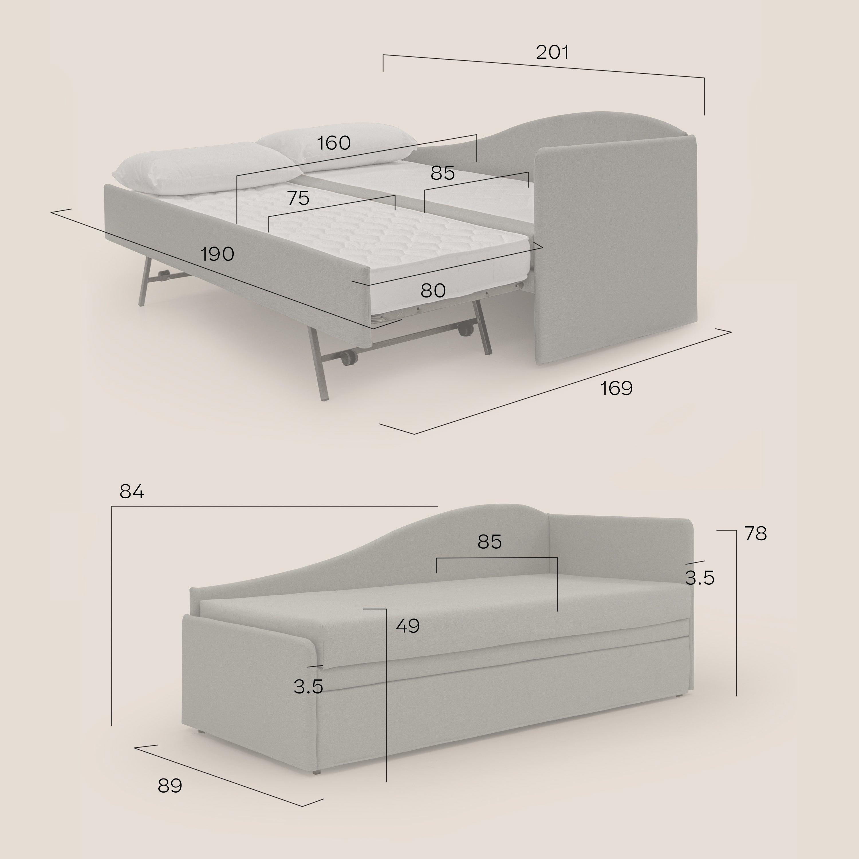 Nolo Divano duplex con doppio letto in tessuto simil cotone impermeabile T13 panna - divani.store