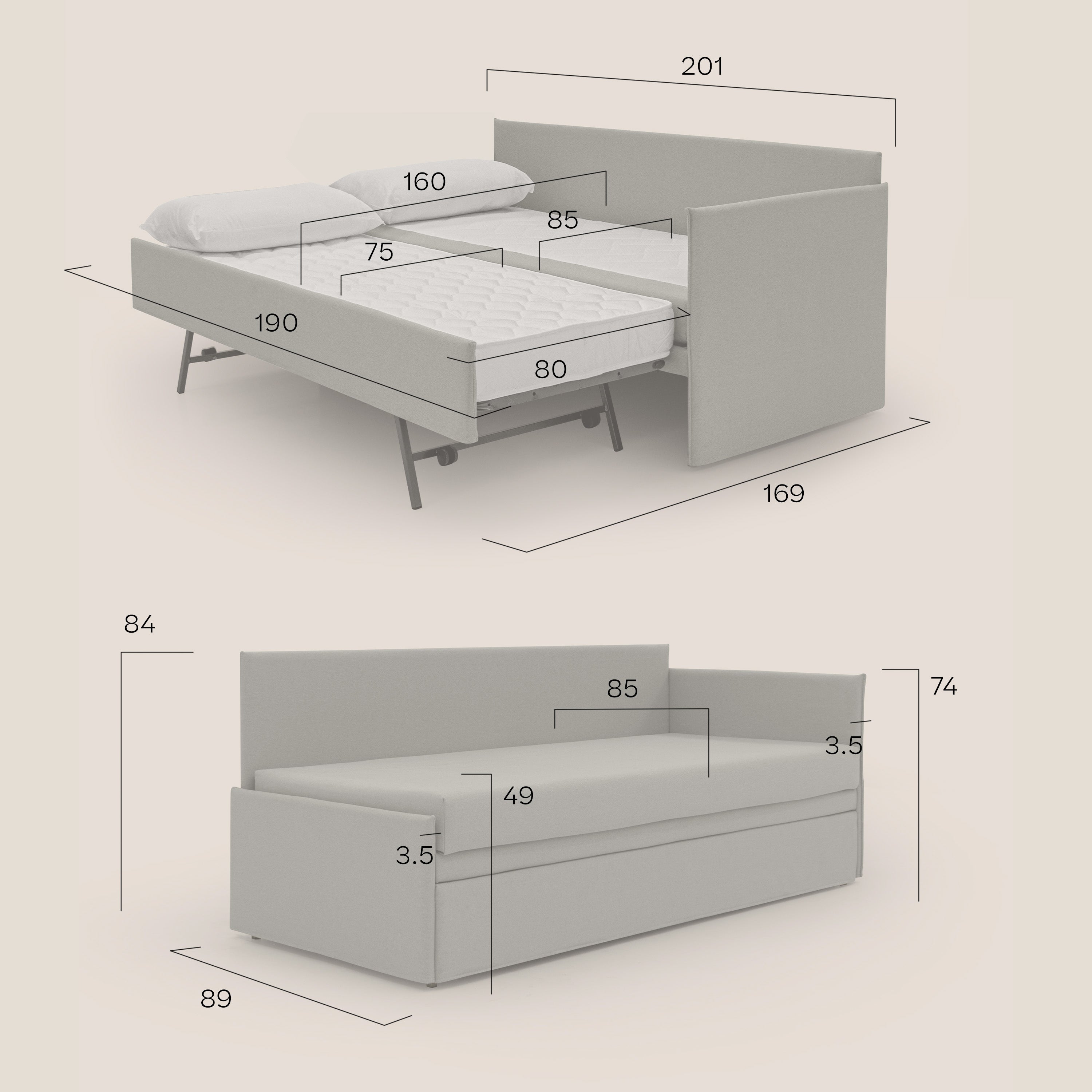 Durini Divano duplex con doppio letto in tessuto simil cotone impermeabile T13 tortora - divani.store