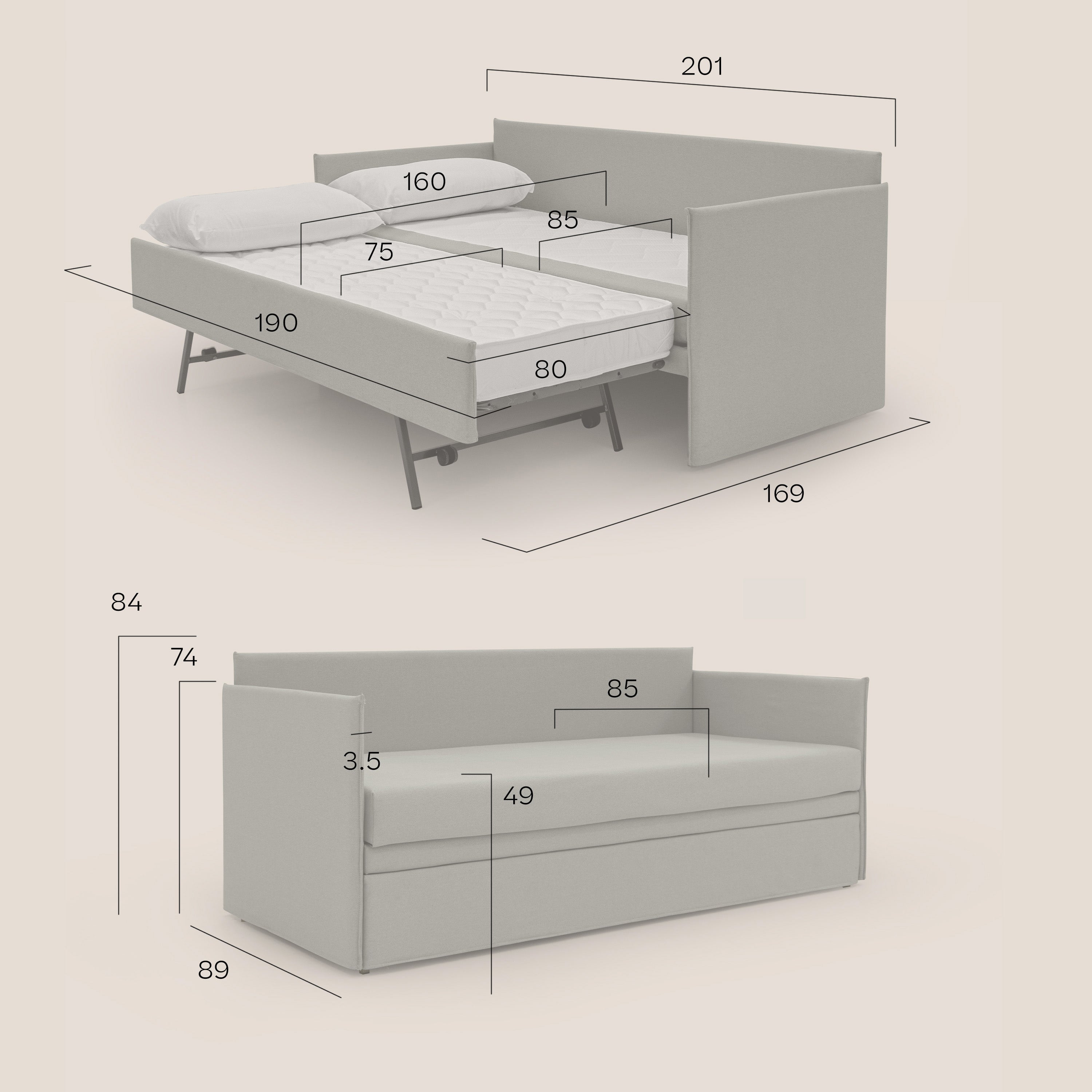Brenta Divano duplex con doppio letto in tessuto simil cotone impermeabile T13 azzurro - divani.store