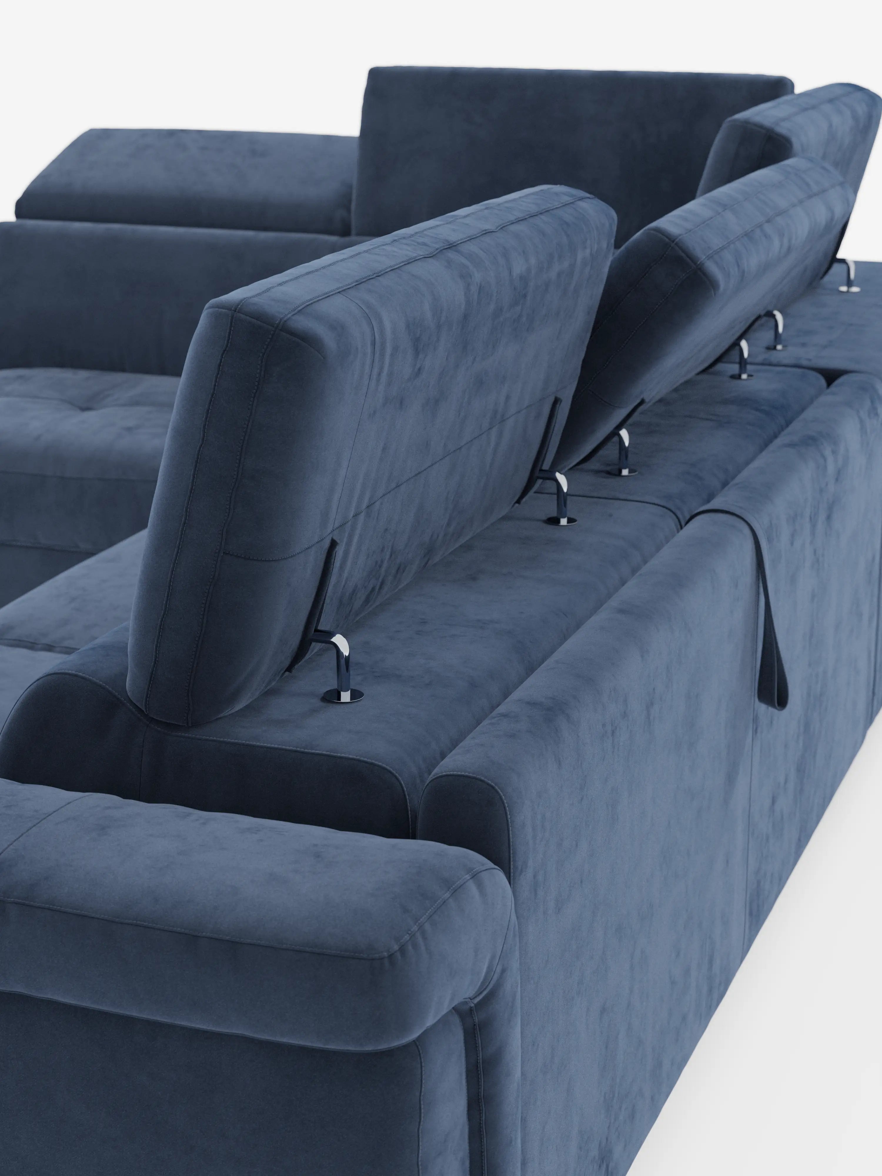 Vi presentiamo il Capri Divano Letto Angolare con Poggiatesta Reclinabili e Materasso ad alte prestazioni in Tessuto Vellutino Smacchiabile T30 di Divani.Store: un divano componibile contemporaneo in blu intenso, rivestito in morbido tessuto dalla trama vellutata e resistente alle macchie, per un tocco di lusso. Caratterizzato da poggiatesta multipli regolabili con cerniere metalliche a vista, il suo design moderno risalta su uno sfondo bianco a tinta unita.