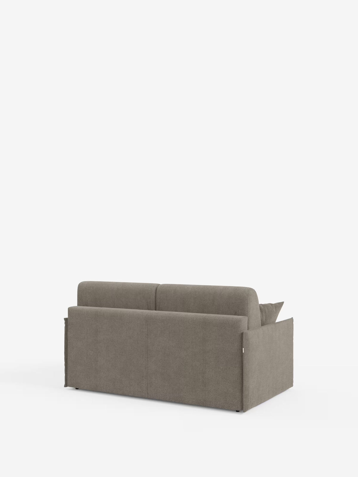 Il divano letto matrimoniale sfoderabile Evans di Divani.Store è un divano moderno, di colore marrone chiaro, dal design compatto e con rivestimenti sfoderabili in tessuto T23 antimacchia. Visto di retro su uno sfondo bianco a tinta unita, questo divano salvaspazio presenta linee pulite, braccioli squadrati e due cuscini dello schienale che gli conferiscono un look contemporaneo e minimalista. È inoltre dotato di un pratico vano porta-cuscini.