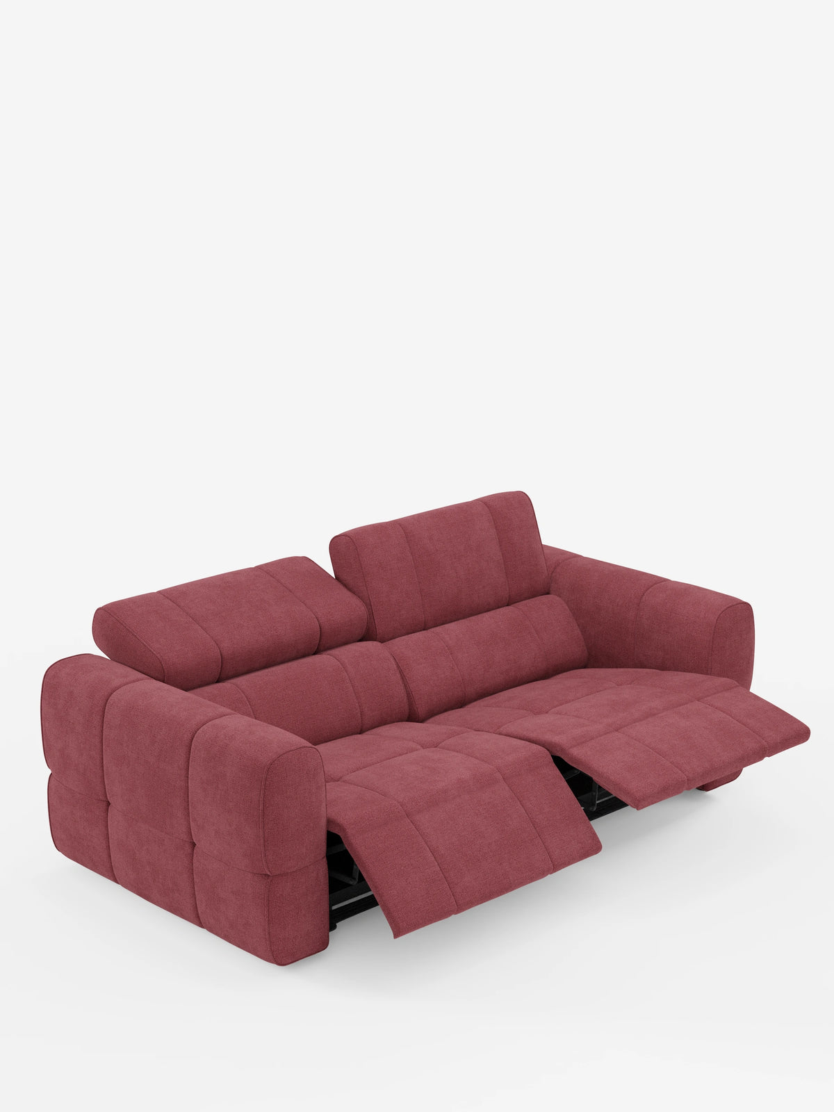 Un divano modulare Giotto a 3 posti color bordeaux, con poggiatesta reclinabili e funzione relax elettrica opzionale, rivestito in tessuto smacchiabile T23 su sfondo bianco, dotato di un poggiapiedi reclinabile e di un poggiatesta regolabile, oltre a una seduta standard in posizione eretta.