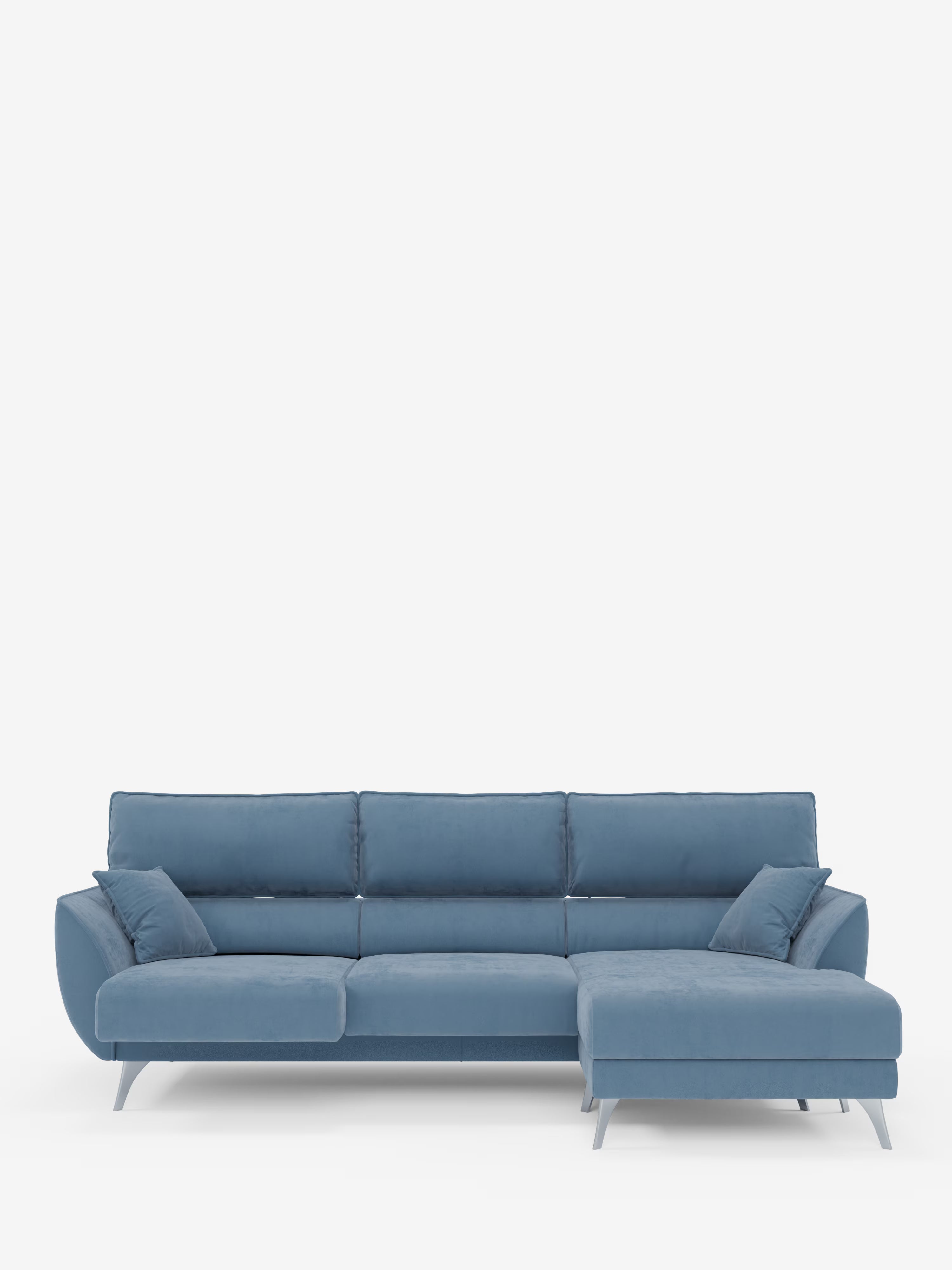 Il divano angolare con penisola e sedute estensibili “Michelangelo” di Divani.Store è un moderno divano componibile blu dotato di tre cuscini dello schienale, due braccioli e una chaise longue orientata verso destra. Caratterizzato da sottili gambe angolate e due cuscini decorativi coordinati, questo elegante divano è dotato di poggiatesta reclinabili ed è rivestito in raffinato tessuto T30 effetto velluto, resistente alle macchie. Presentato su uno sfondo bianco a tinta unita.