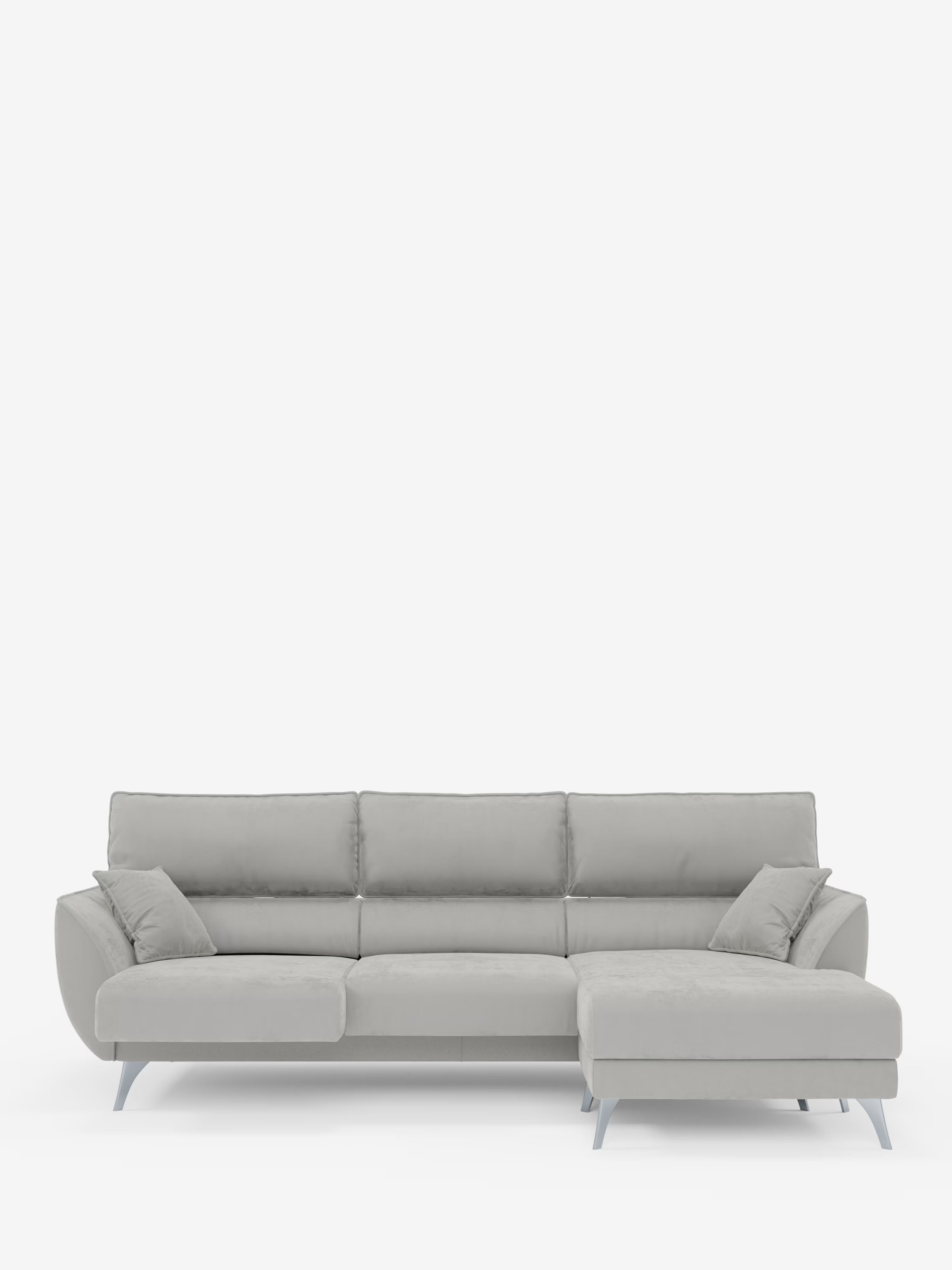 Il divano angolare con penisola e sedute estensibili Michelangelo di Divani.Store è un moderno divano componibile grigio chiaro dotato di tre cuscini dello schienale, due braccioli e una chaise longue sul lato destro. Rivestito con un elegante tessuto T30 effetto velluto antimacchia e dotato di poggiatesta reclinabili, il divano poggia su gambe angolari in metallo ed è messo in risalto da uno sfondo bianco a tinta unita.