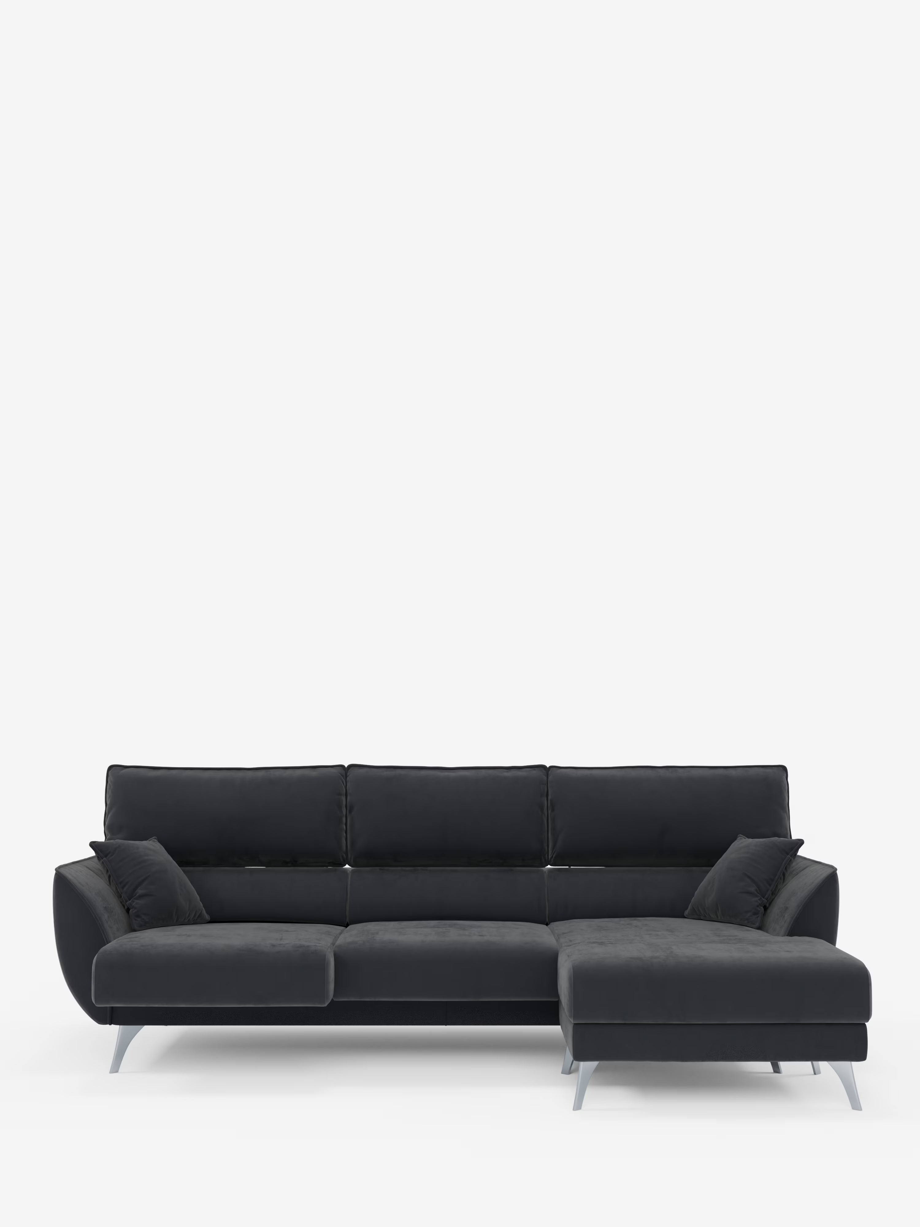Il divano angolare Michelangelo con penisola e sedute estensibili di Divani.Store è un divano angolare moderno, di colore grigio scuro, realizzato in raffinato tessuto T30 effetto velluto resistente alle macchie. È dotato di tre cuscini dello schienale, due cuscini per i braccioli e una chaise longue (penisola) sul lato destro. Il design minimalista è impreziosito da sottili gambe argentate angolate e poggiatesta regolabili, che risaltano su uno sfondo bianco a tinta unita.