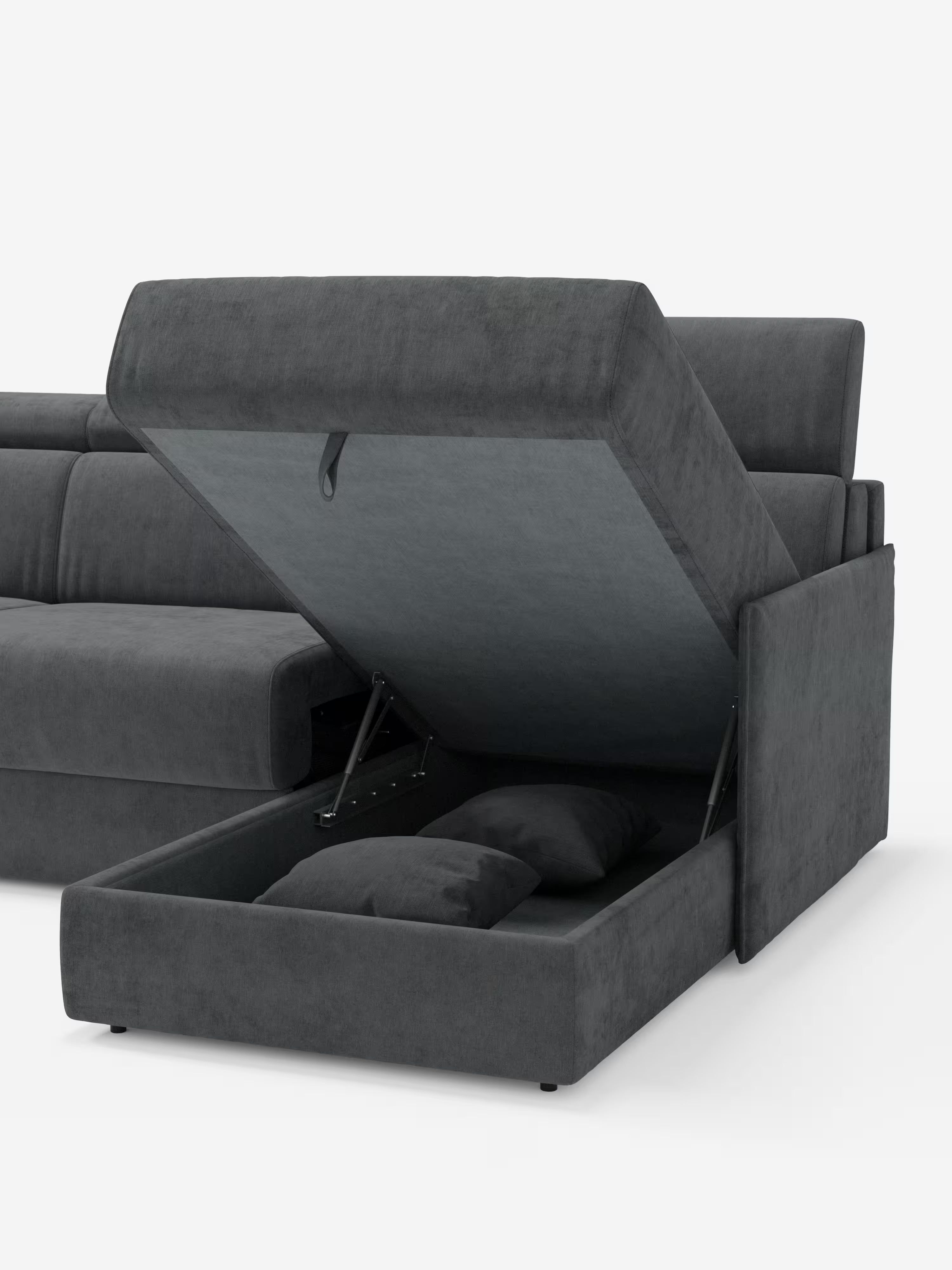 Miryam canapé convertible d'angle compact - têtières inclinables et méridienne coffre en tissu détachable T31