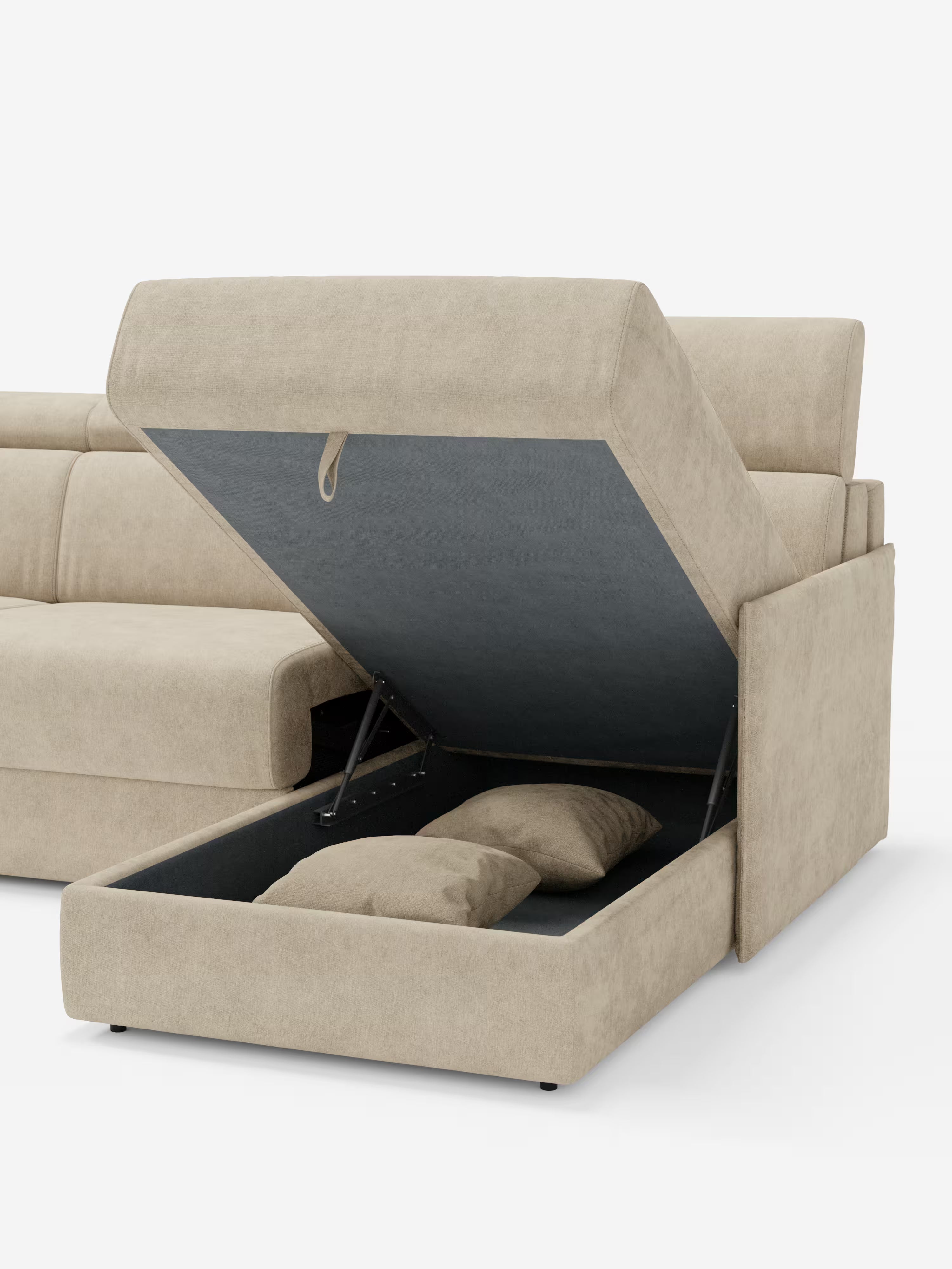 Miryam canapé convertible d'angle compact - têtières inclinables et méridienne coffre en tissu détachable T31
