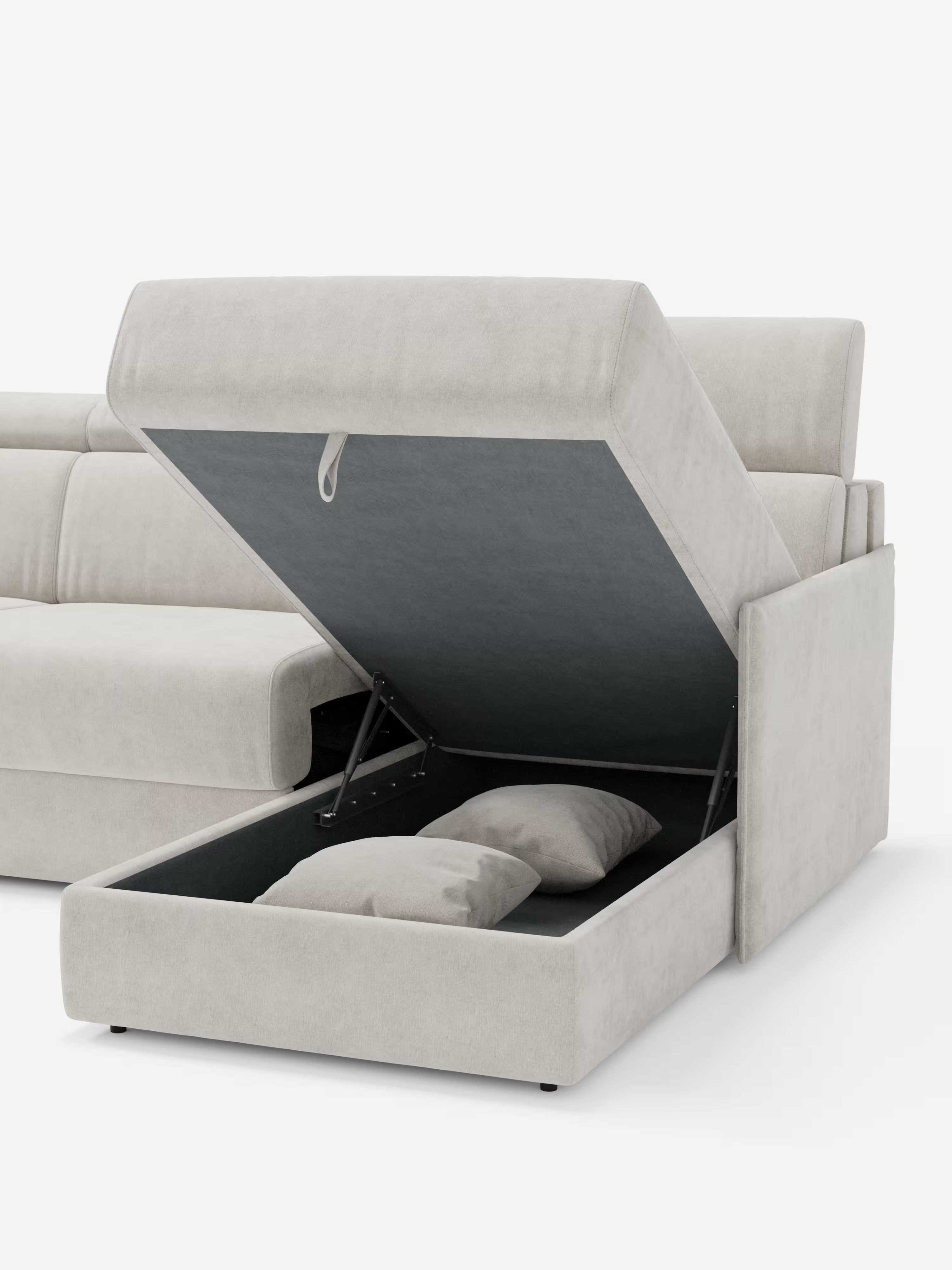 Miryam canapé convertible d'angle compact - têtières inclinables et méridienne coffre en tissu détachable T31