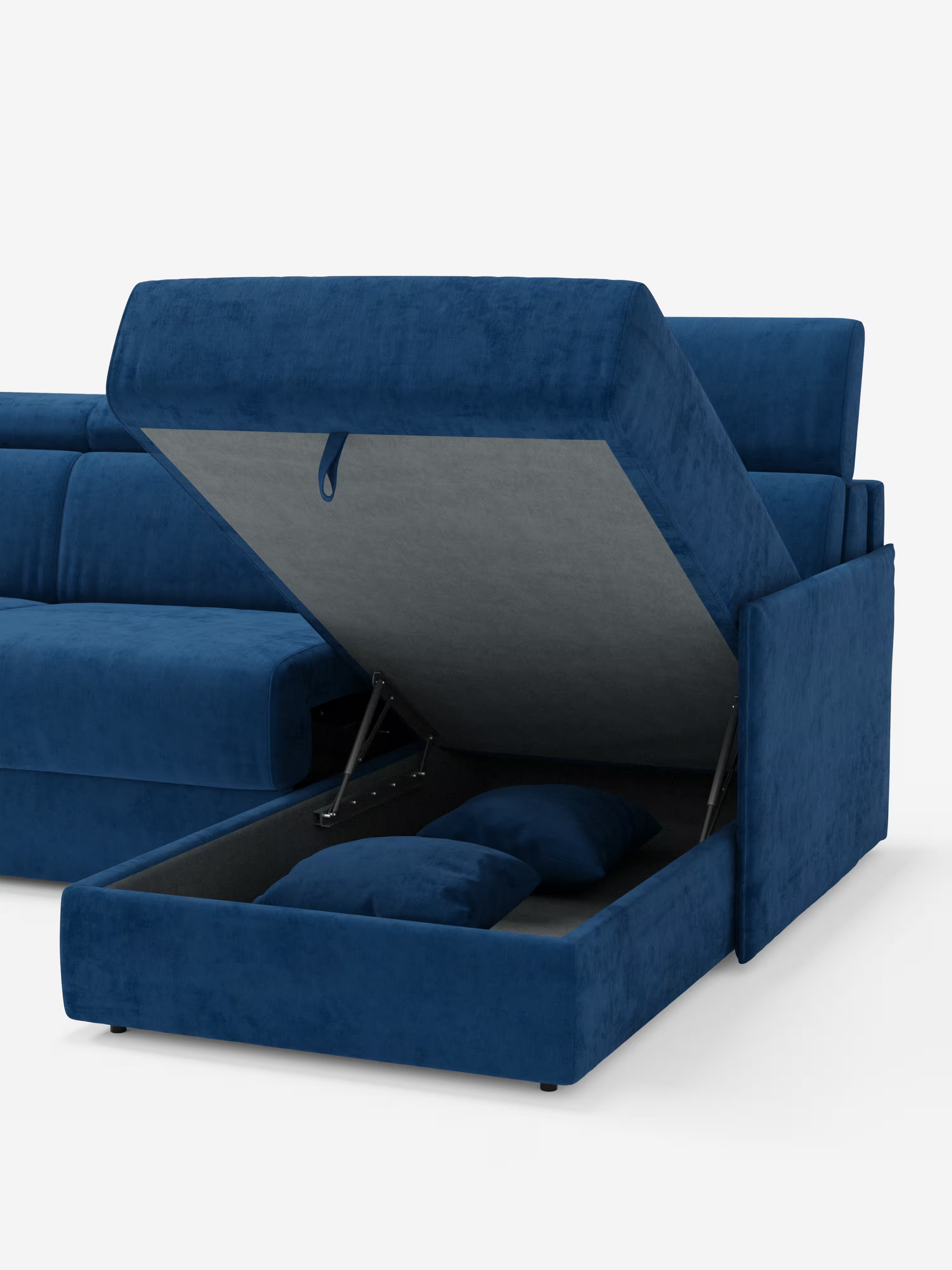 Miryam canapé convertible d'angle compact - têtières inclinables et méridienne coffre en tissu détachable T31