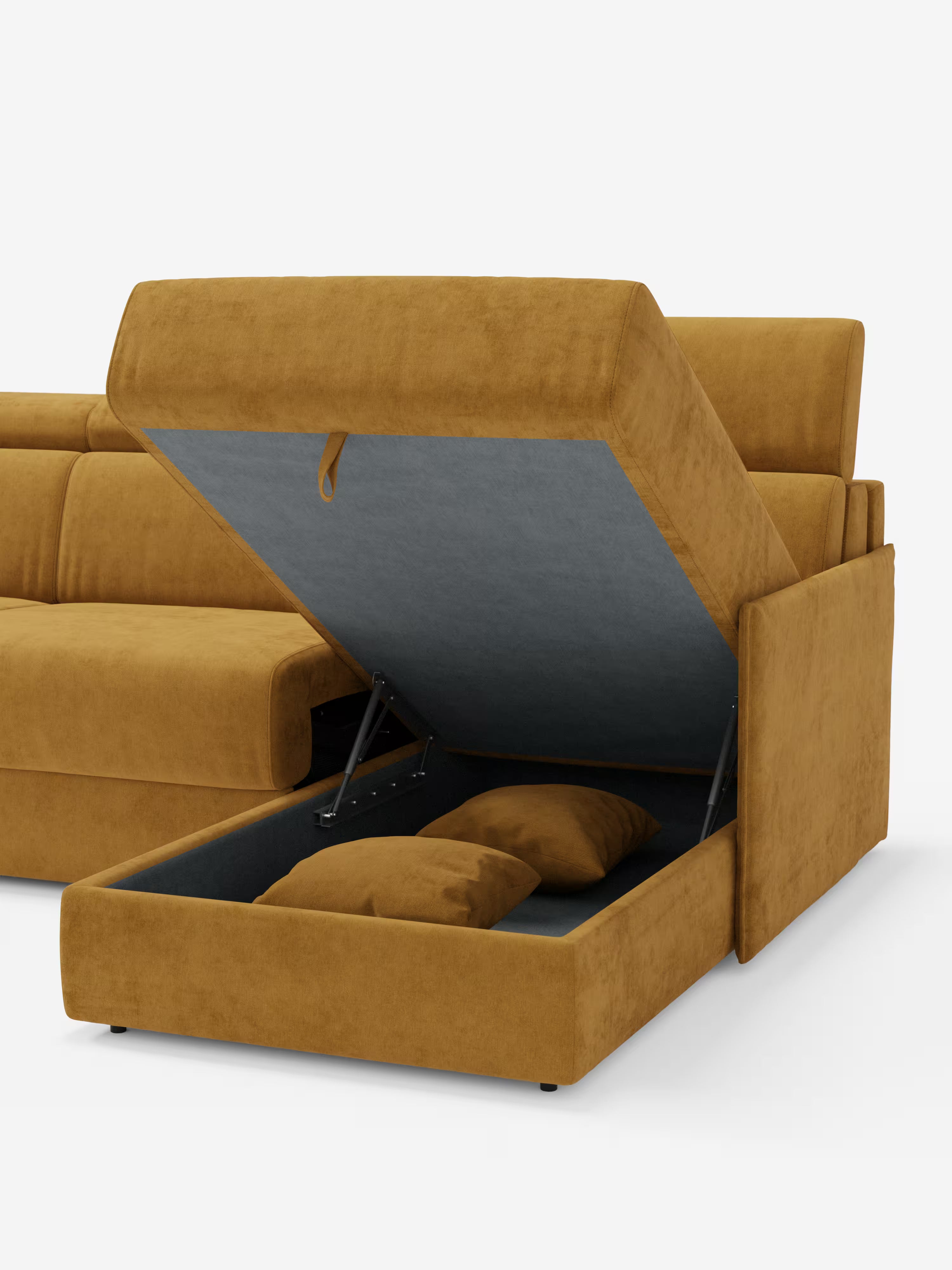 Miryam canapé convertible d'angle compact - têtières inclinables et méridienne coffre en tissu détachable T31
