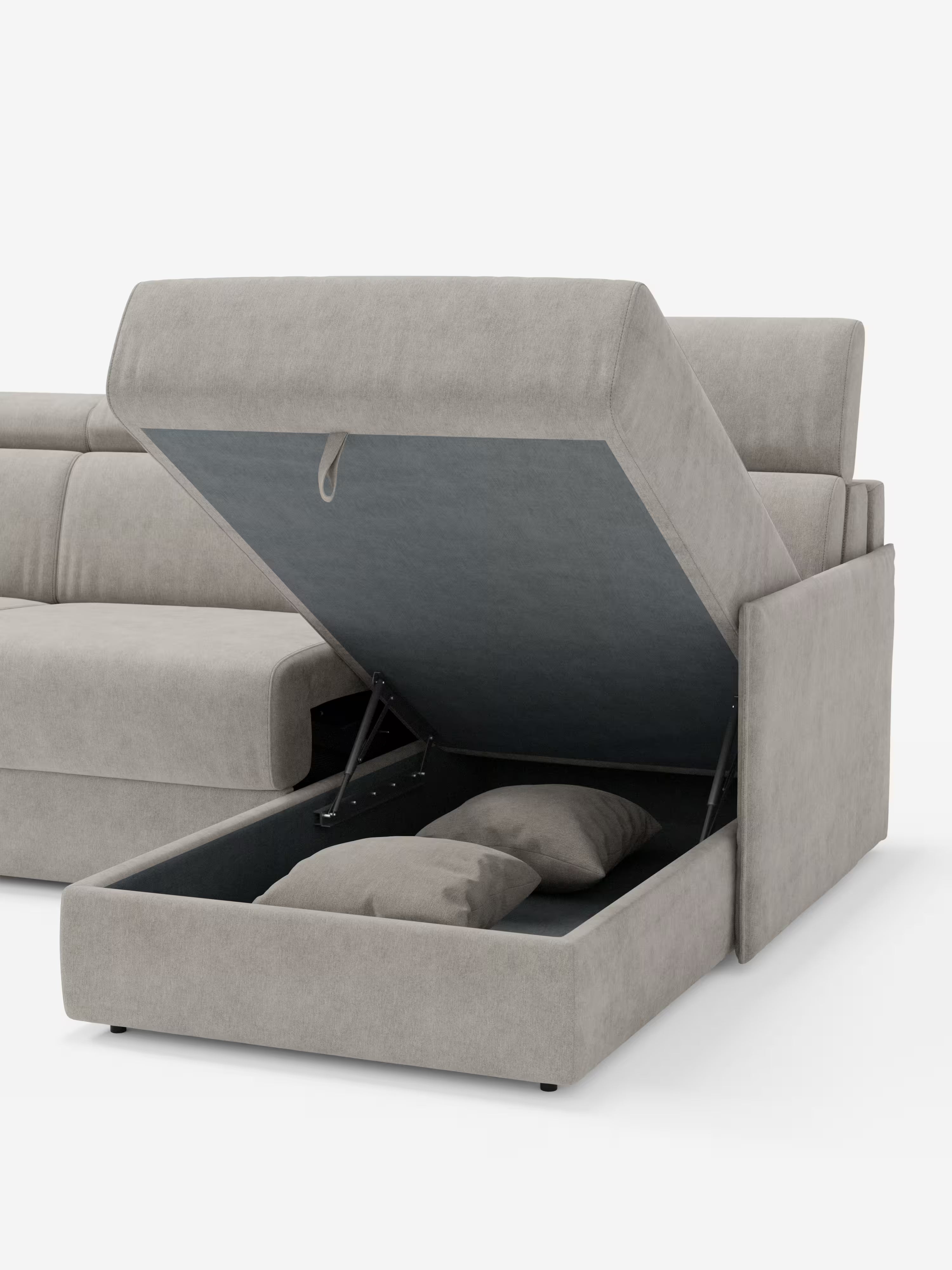 Miryam canapé convertible d'angle compact - têtières inclinables et méridienne coffre en tissu détachable T31