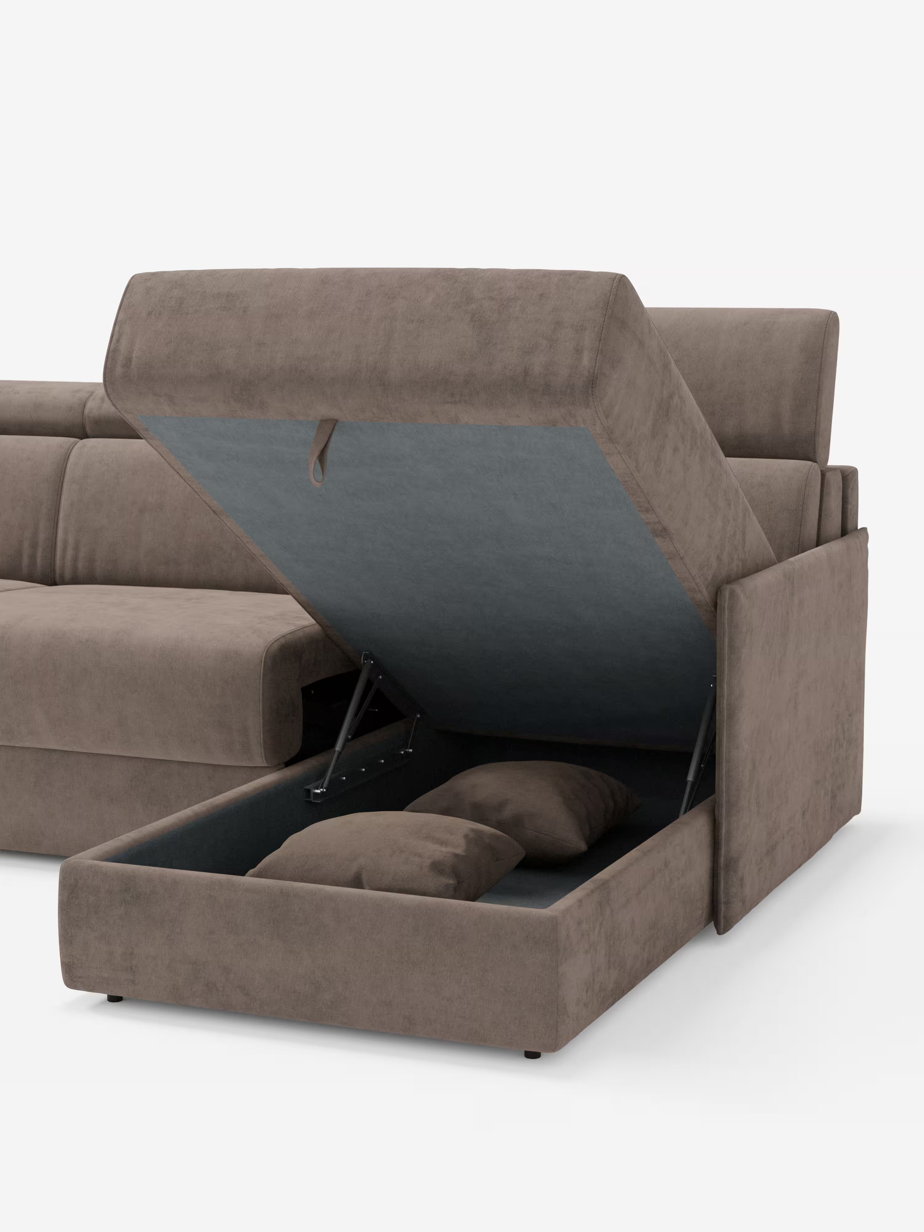 Miryam canapé convertible d'angle compact - têtières inclinables et méridienne coffre en tissu détachable T31
