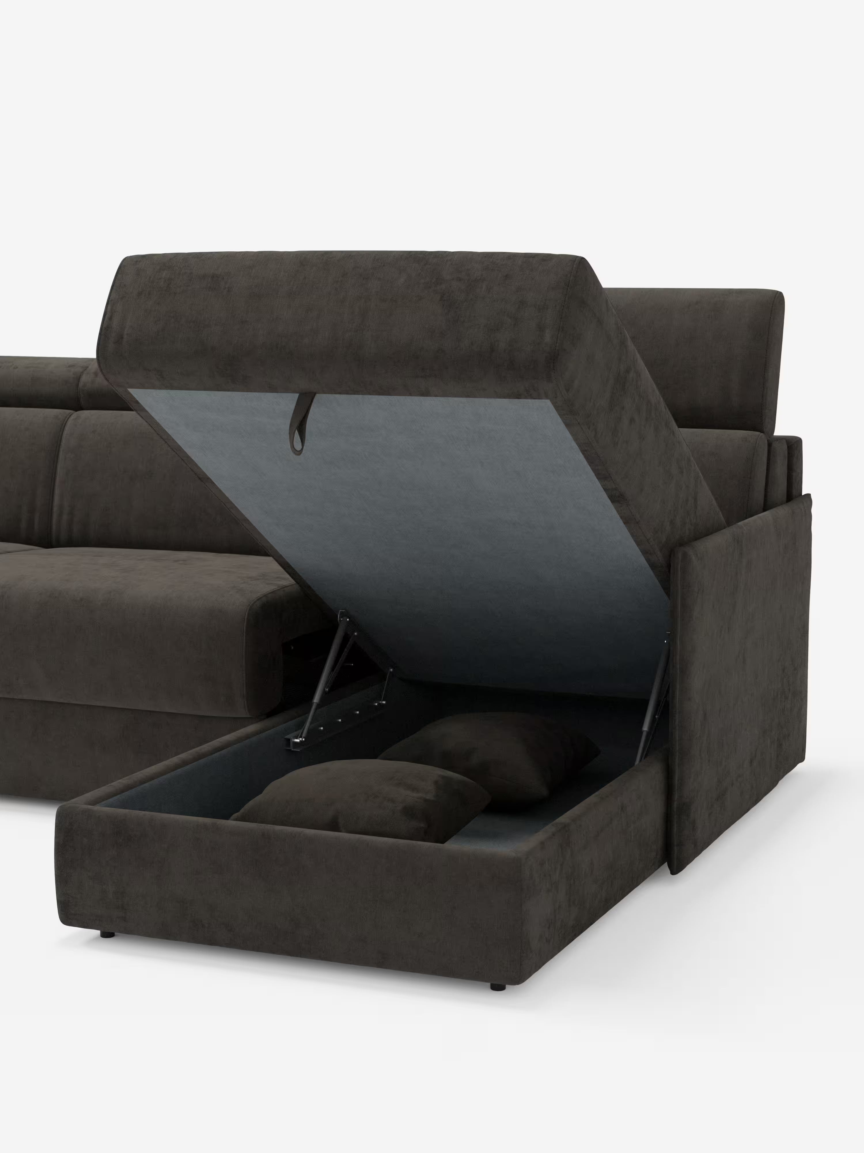 Miryam canapé convertible d'angle compact - têtières inclinables et méridienne coffre en tissu détachable T31