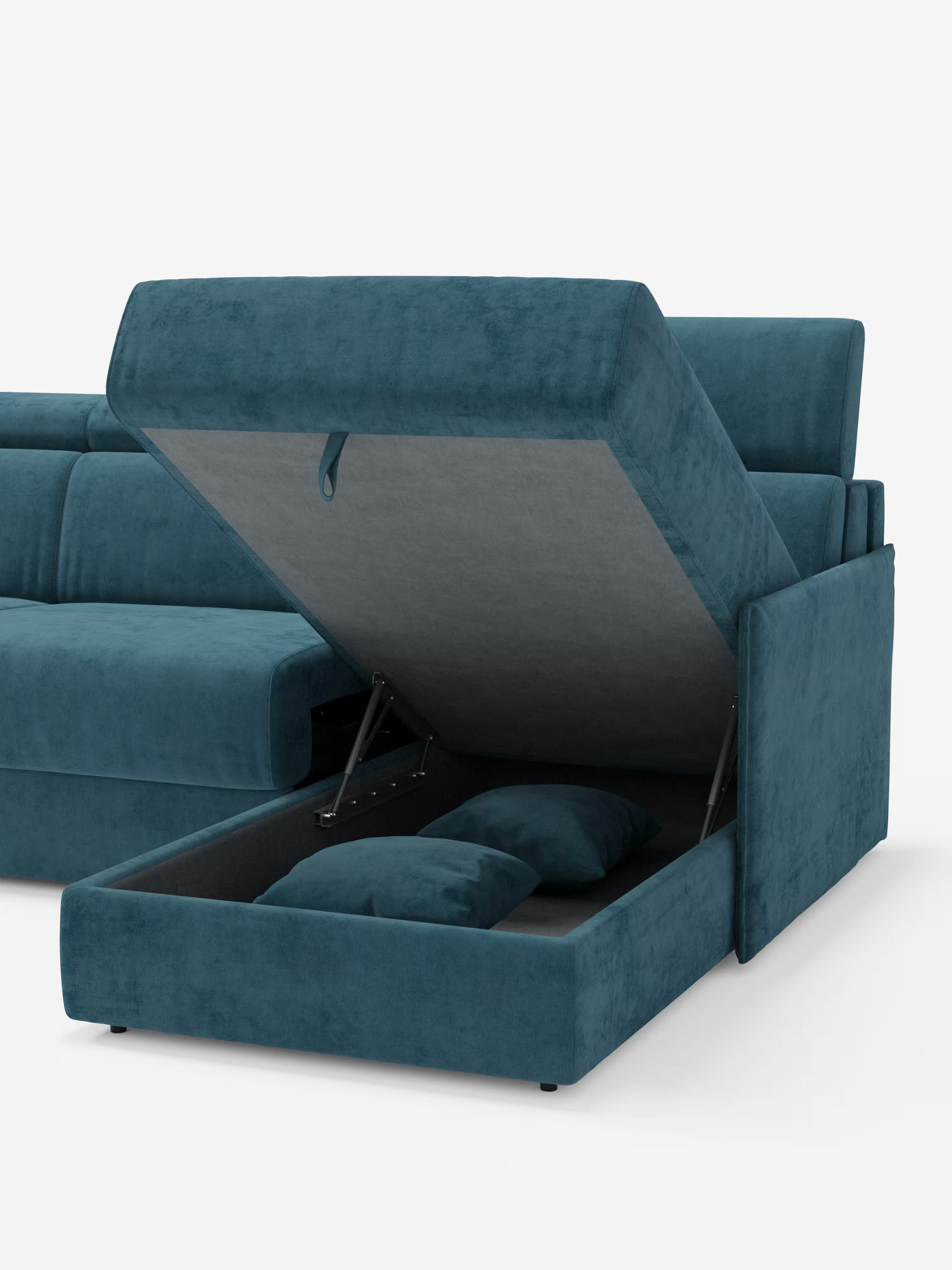 Miryam canapé convertible d'angle compact - têtières inclinables et méridienne coffre en tissu détachable T31