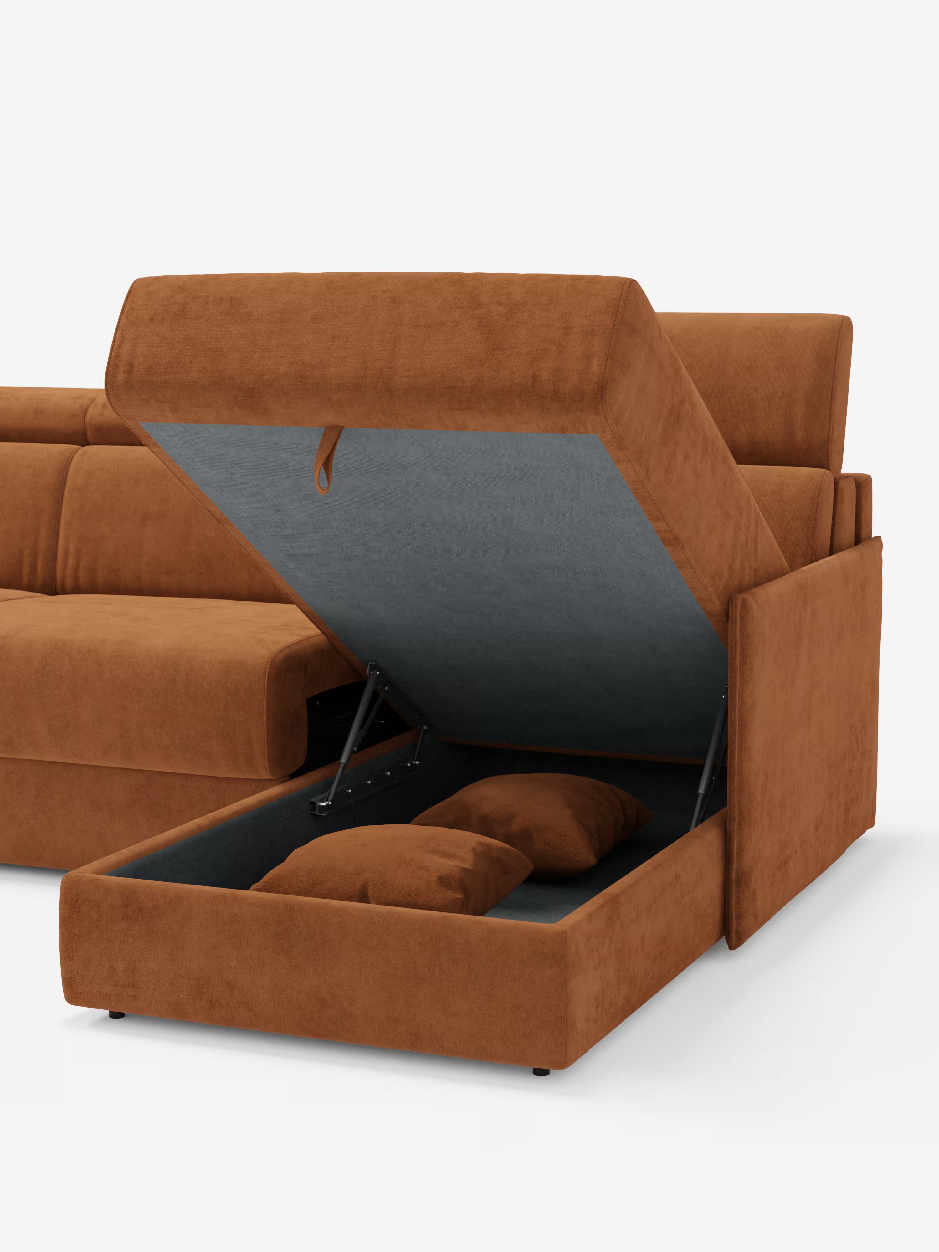 Miryam canapé convertible d'angle compact - têtières inclinables et méridienne coffre en tissu détachable T31