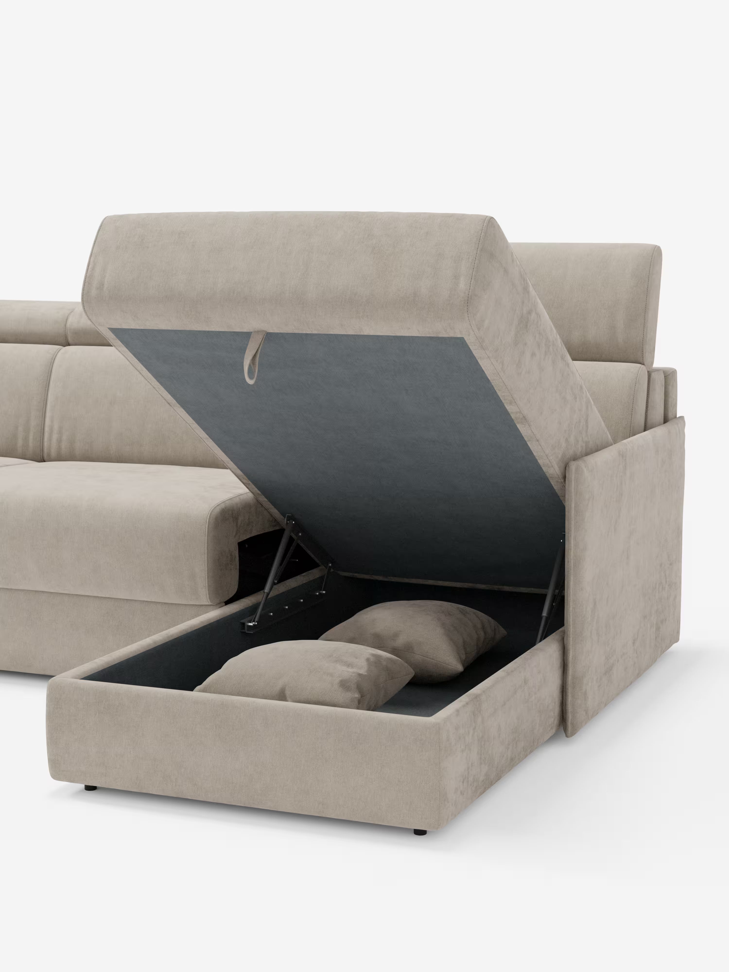 Miryam canapé convertible d'angle compact - têtières inclinables et méridienne coffre en tissu détachable T31