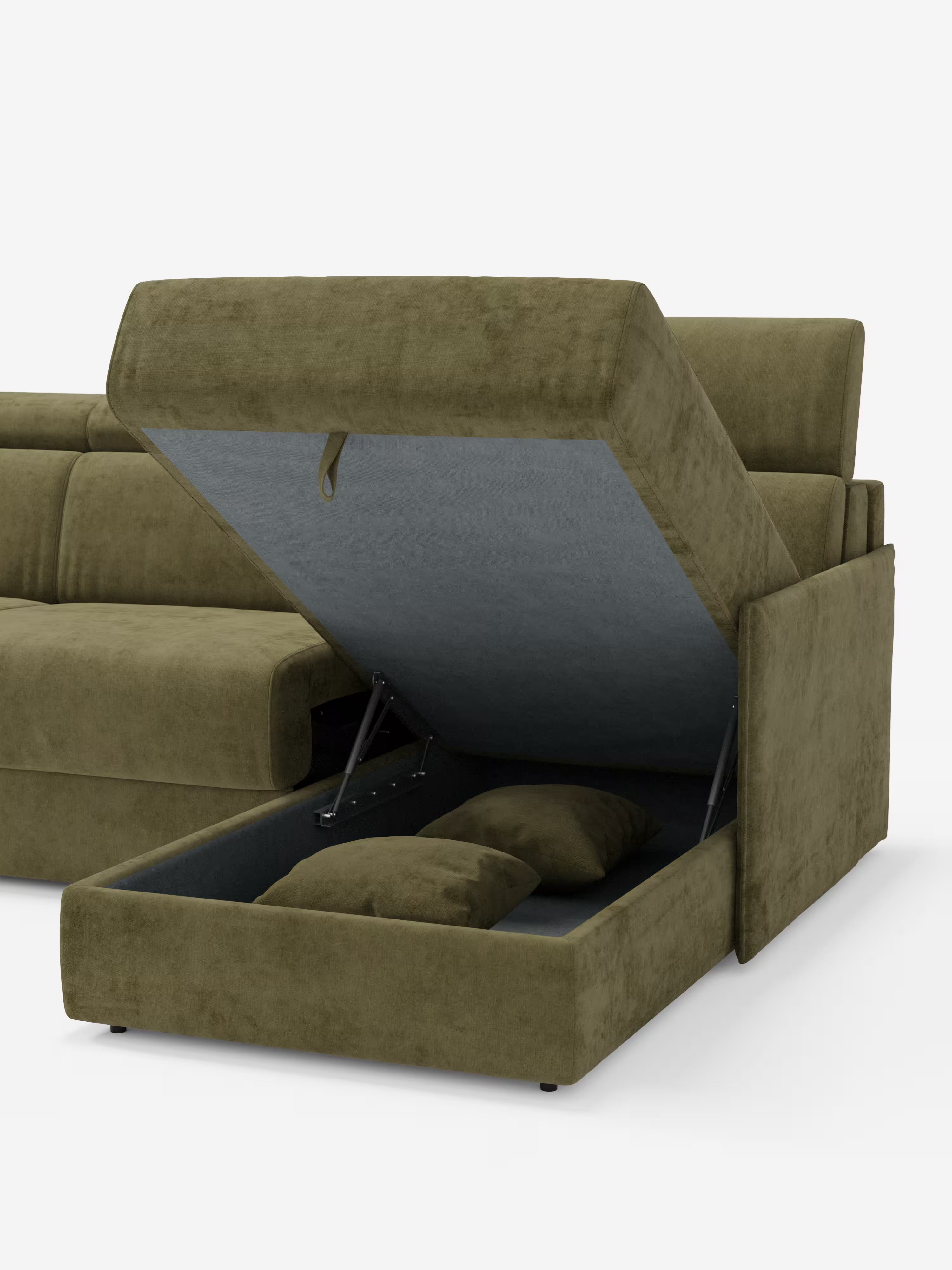 Miryam canapé convertible d'angle compact - têtières inclinables et méridienne coffre en tissu détachable T31