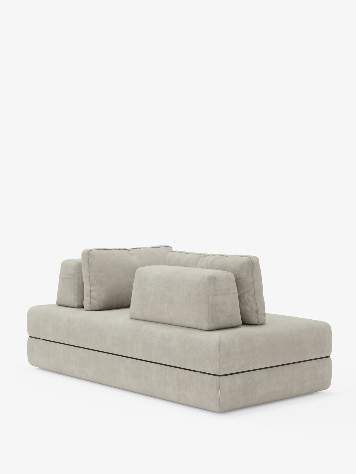 Un divano letto matrimoniale Rift beige, moderno e minimalista, di Divani.Store, caratterizzato da linee pulite, morbido rivestimento smacchiabile T31, tre cuscini rettangolari rimovibili per lo schienale e un materasso in memory foam alto 24 cm, il tutto su uno sfondo bianco a tinta unita.