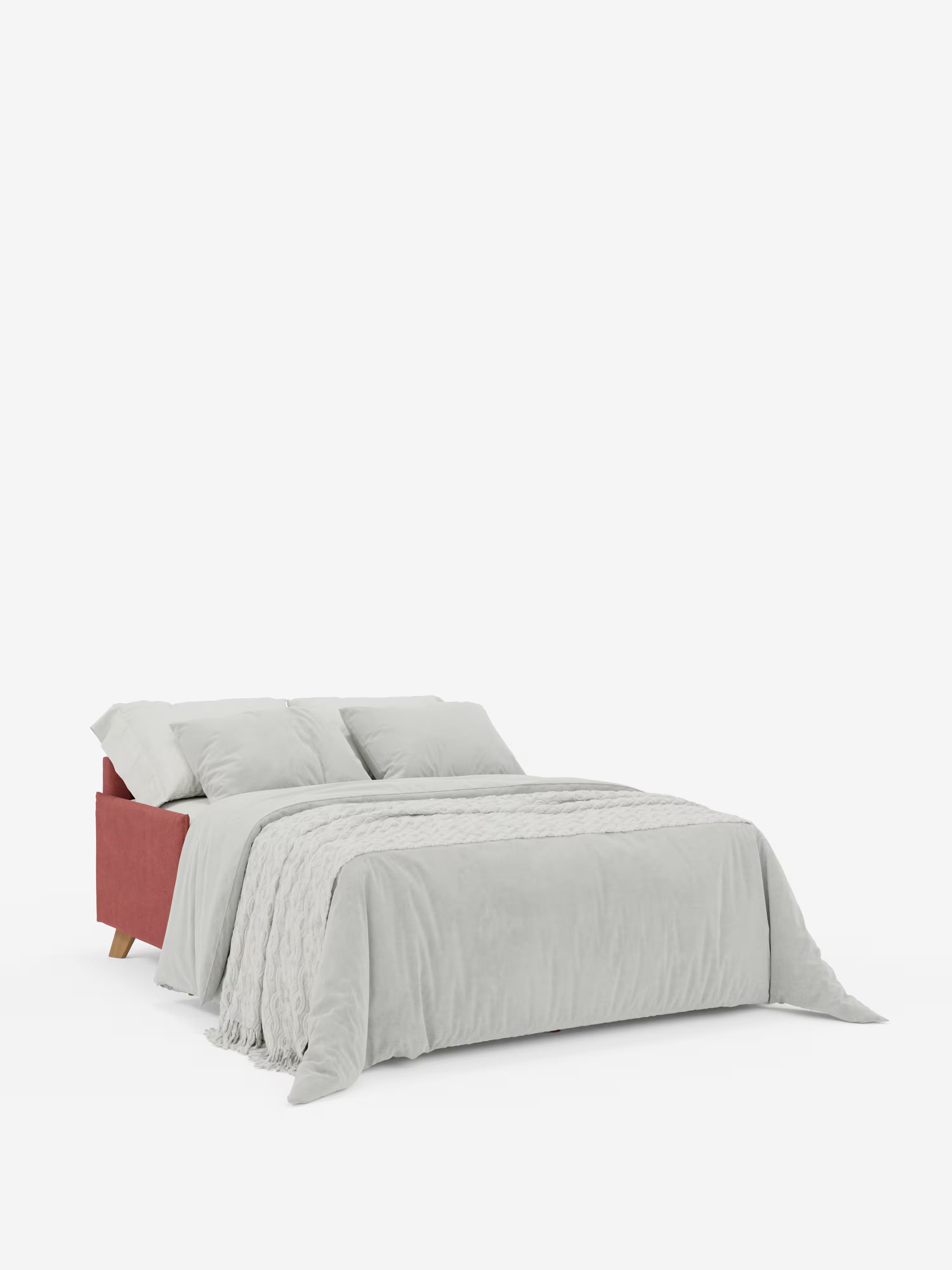 Il divano letto matrimoniale Sole di Divani.Store è un letto dal design moderno e compatto con struttura imbottita di colore rosso, qui presentato con cura su uno sfondo bianco, abbinato a biancheria da letto grigio chiaro — compresi cuscini e una coperta testurizzata. Ispirato allo stile scandinavo, questo letto presenta eleganti gambe in legno, poggiatesta regolabili ed è completamente sfoderabile grazie al rivestimento in tessuto T23, facile da pulire e resistente alle macchie.