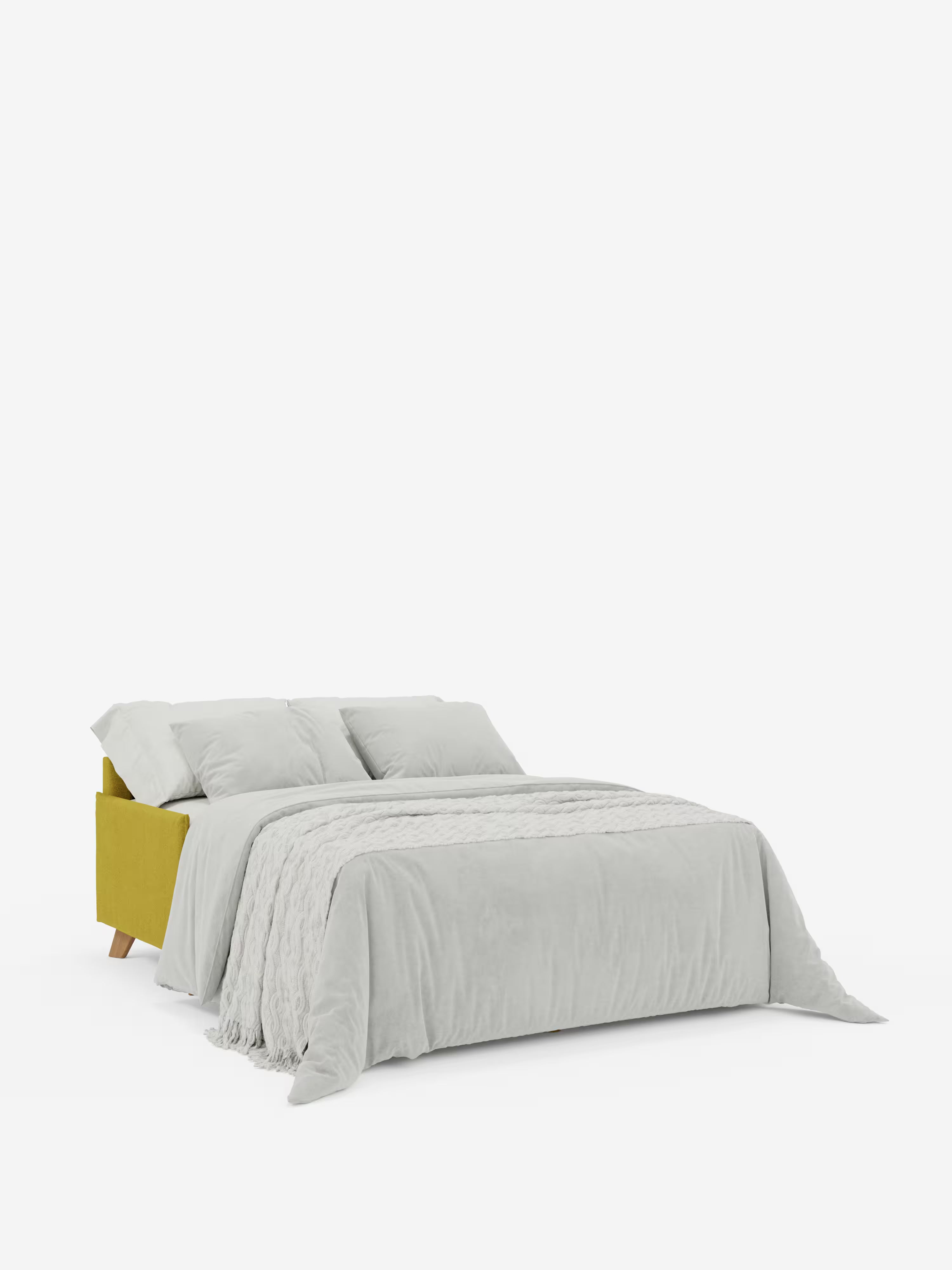 Il divano letto matrimoniale Sole di Divani.Store, caratterizzato da un design compatto con poggiatesta reclinabili e rivestimento in tessuto T23 completamente sfoderabile e antimacchia in una moderna tonalità di giallo, si trasforma in un letto. È rifinito con biancheria da letto grigio chiaro, due cuscini e un plaid dalla trama leggera. Su uno sfondo bianco a tinta unita, questo divano letto compatto poggia su gambe corte e inclinate in legno.