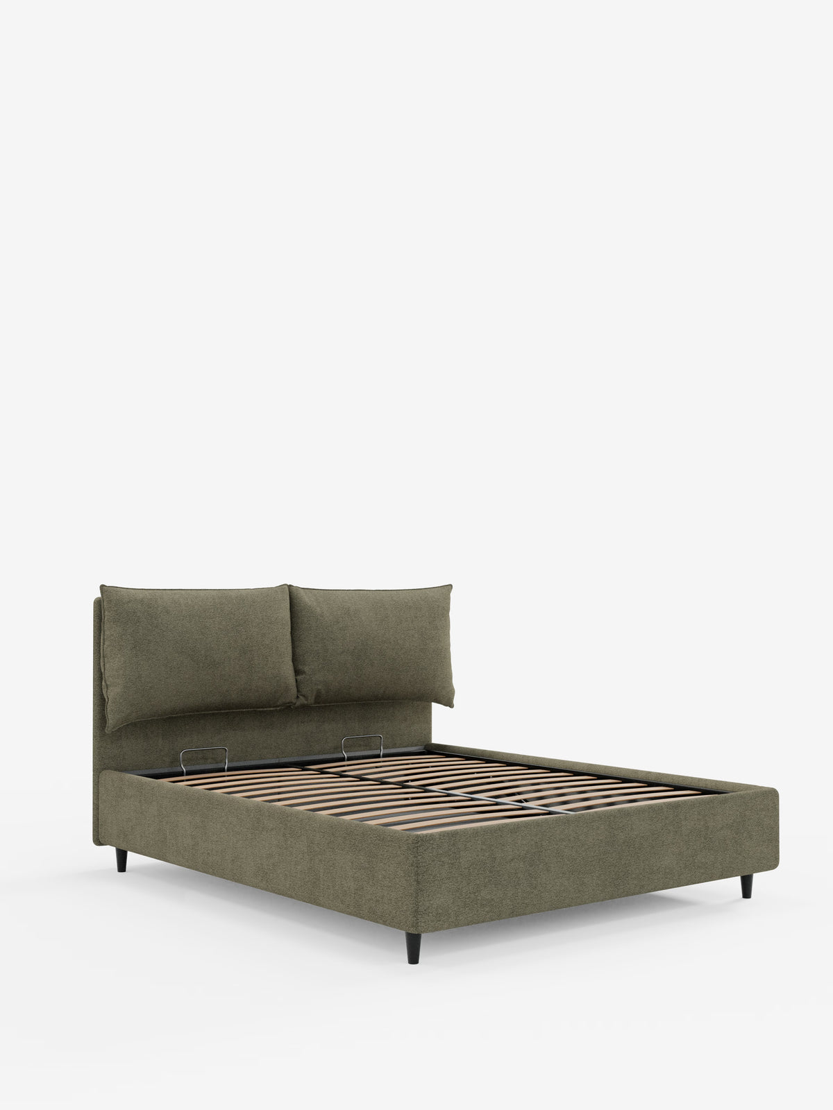 Un moderno letto imbottito ZAYRON con contenitore di Letti.store, caratterizzato da un rivestimento in tessuto verde oliva certificato Oeko-Tex®, due morbidi cuscini regolabili che fungono da testiera regolabile e doghe in legno a vista. Questa struttura letto presenta un profilo basso con gambe corte nere ed è raffigurata su uno sfondo bianco a tinta unita, senza materasso né biancheria da letto.