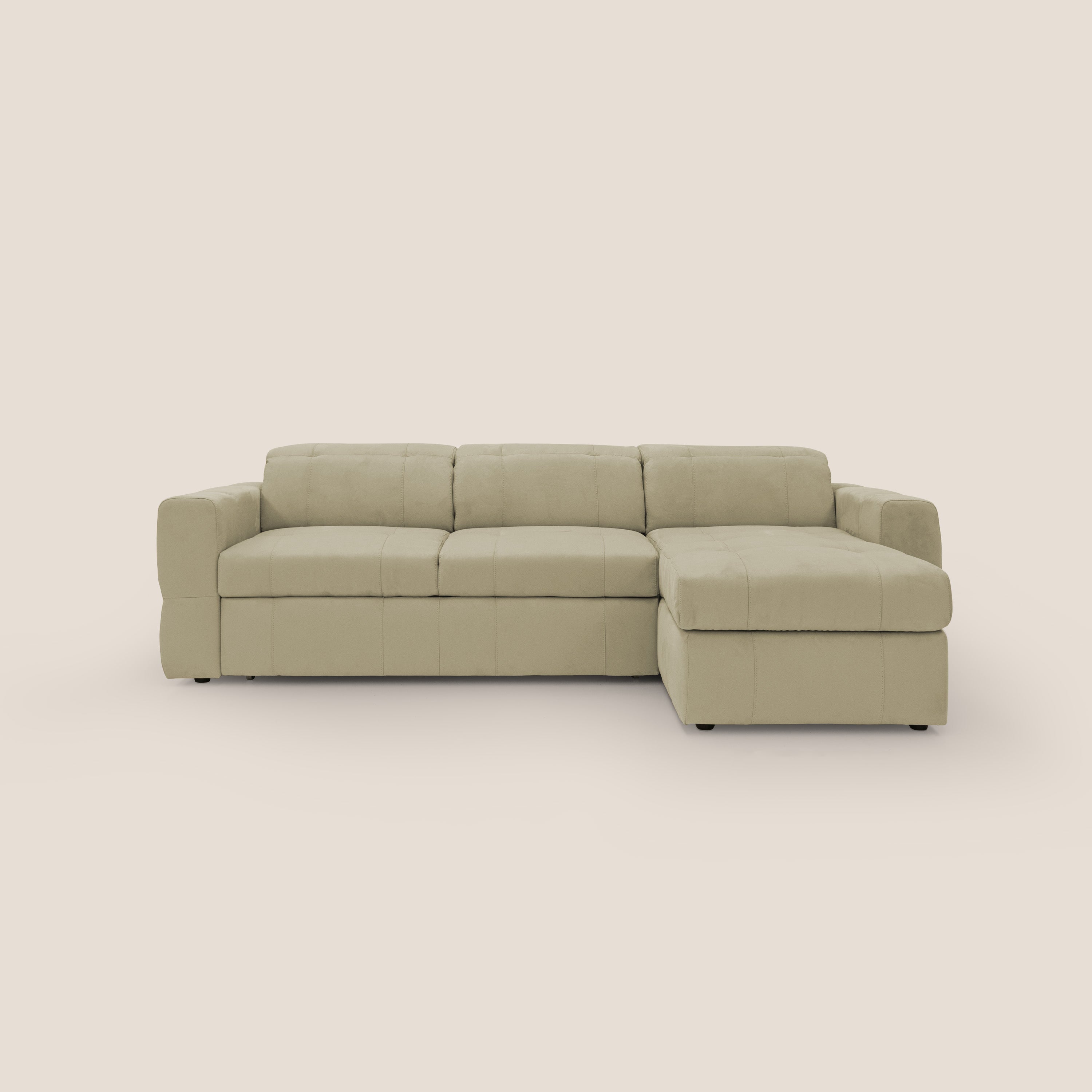 Kronos Divano angolare con pouf estraibile e penisola contenitore in microfibra impermeabile T11 beige - divani.store
