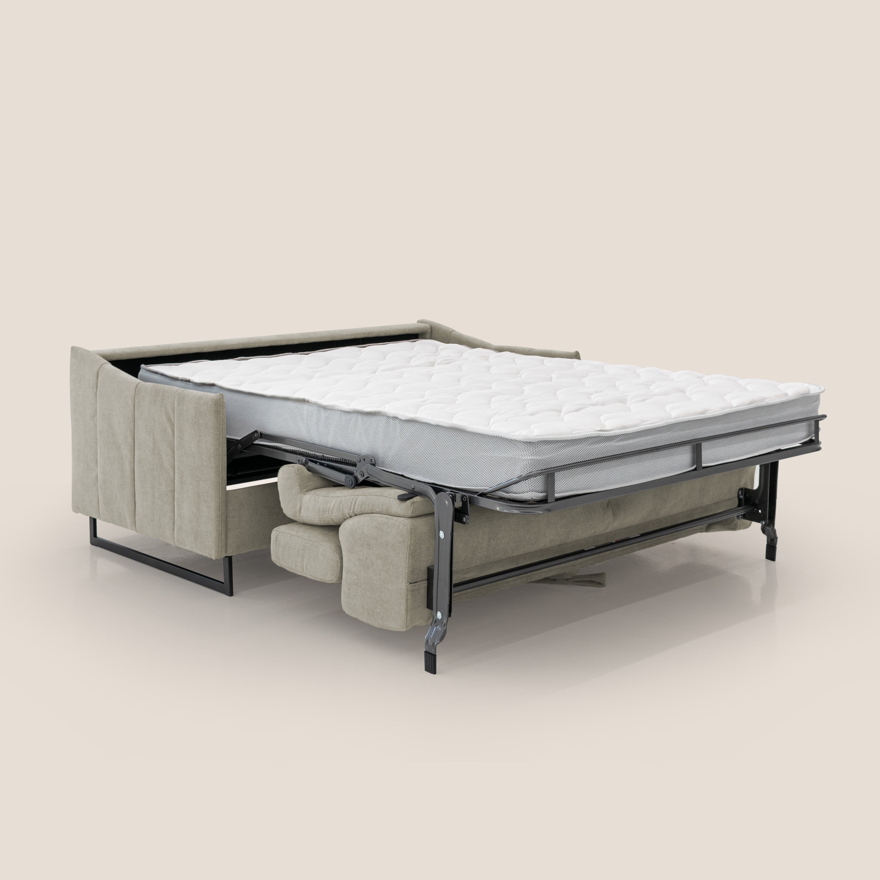 Loto divano letto salvaspazio materasso H18 cm con piedi alti in morbido tessuto impermeabile T14 tortora - divani.store