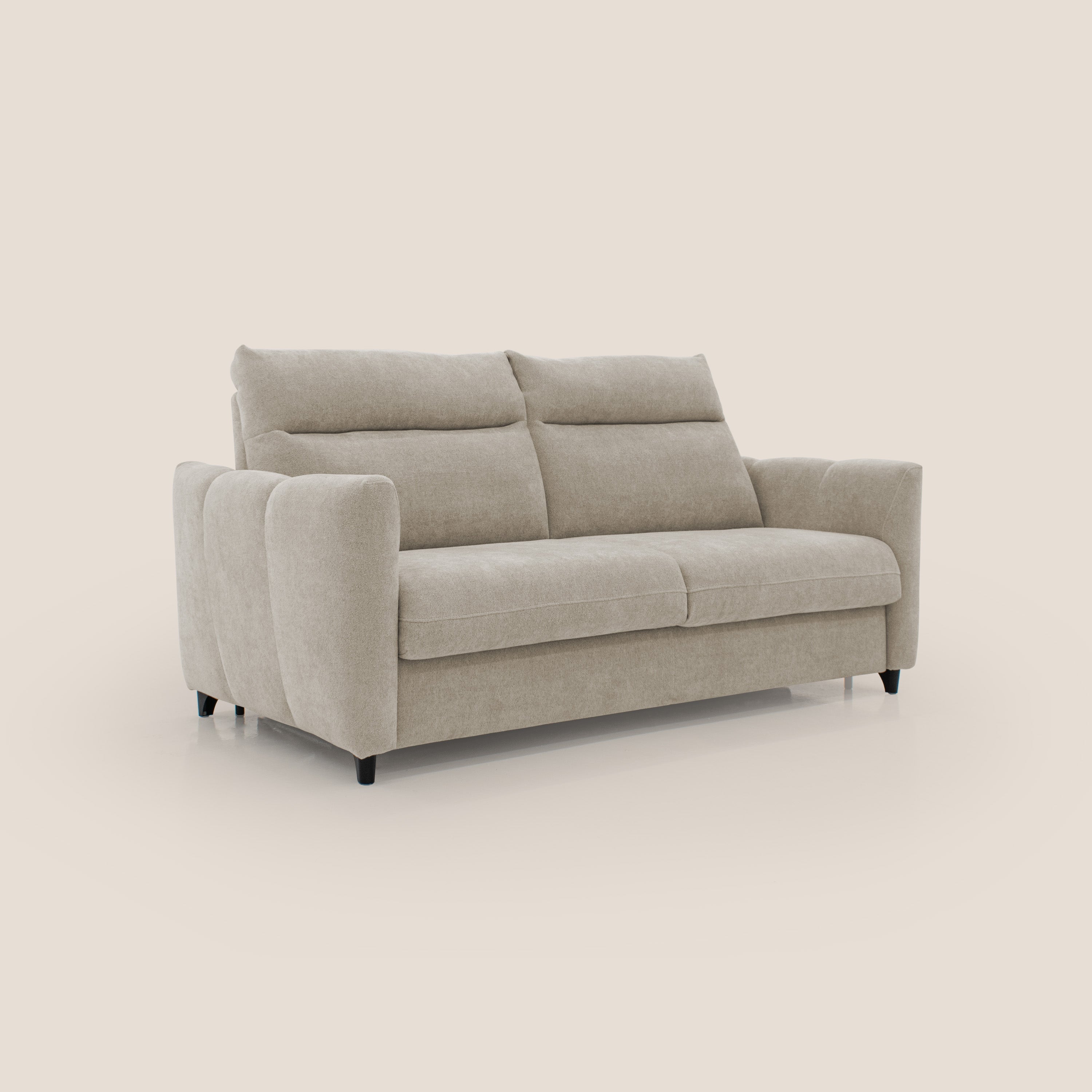 Peonia divano letto scandinavo con materasso H18 cm e morbido e alto schienale in tessuto Bouclé impermeabile T07 beige - divani.store