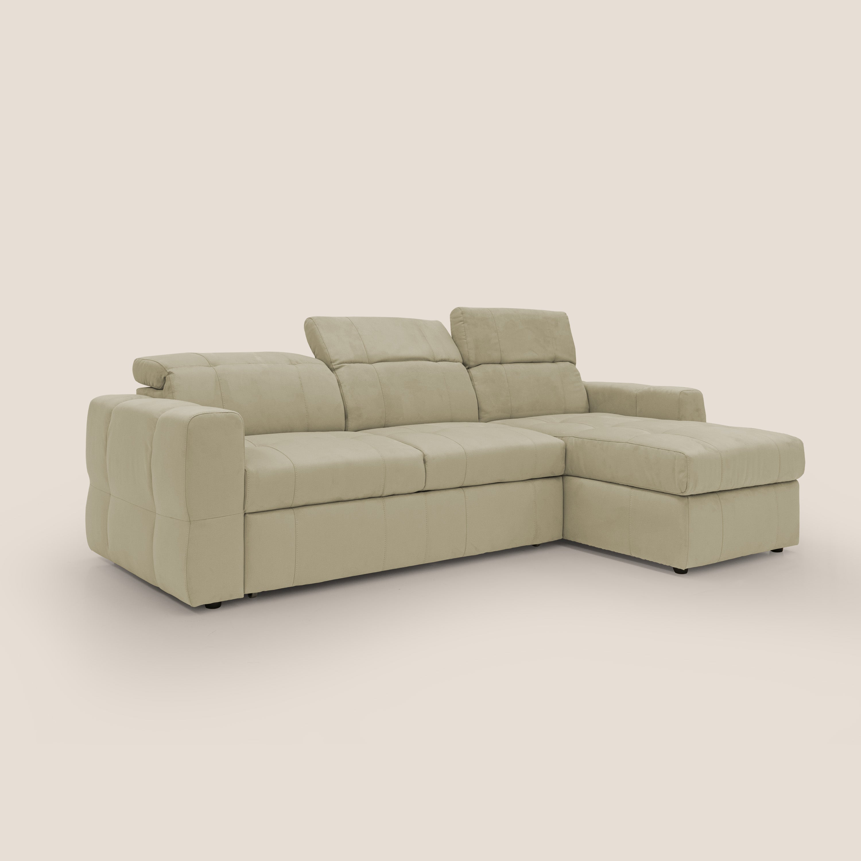 Kronos Divano angolare con pouf estraibile e penisola contenitore in microfibra impermeabile T11 beige - divani.store