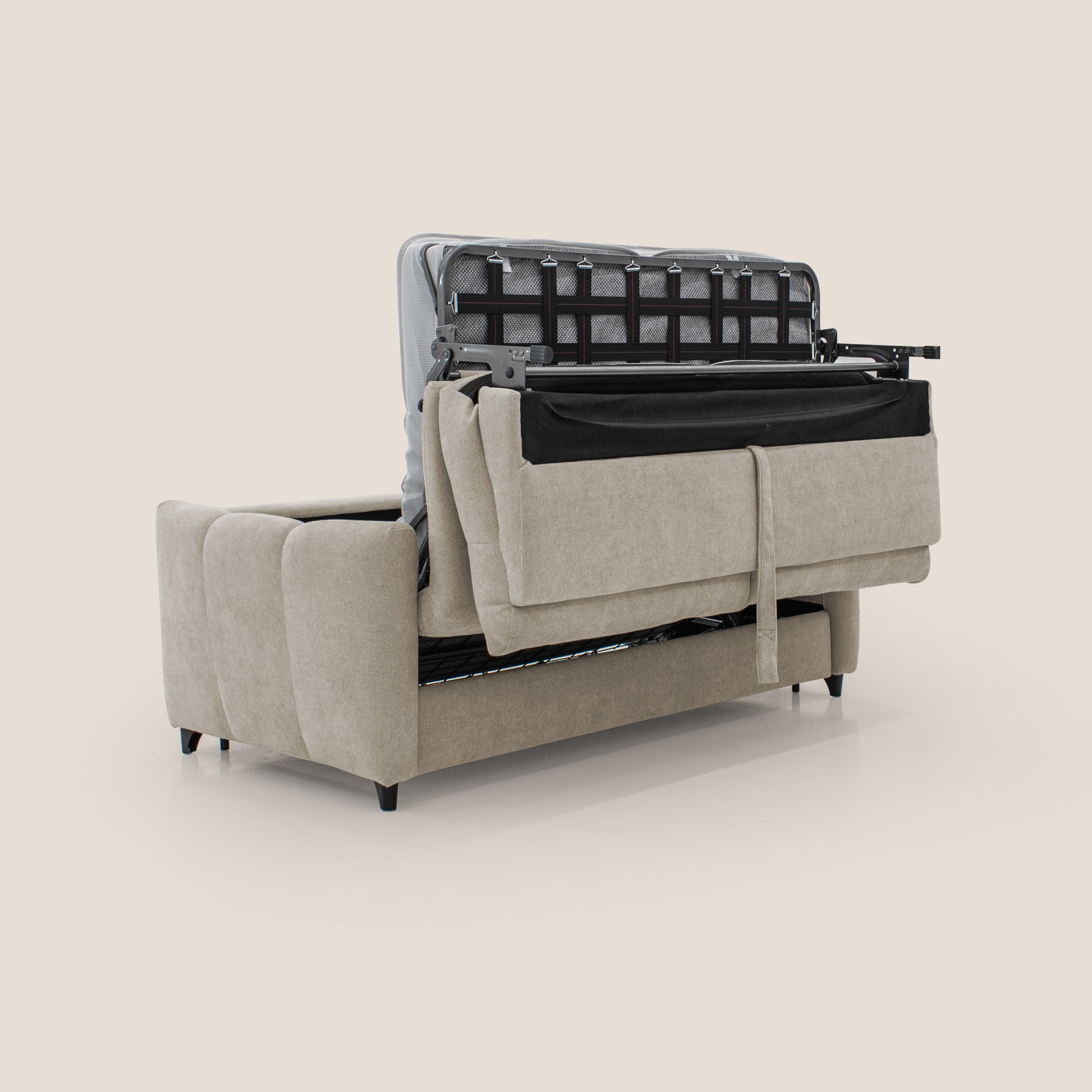 Peonia divano letto scandinavo con materasso H18 cm e morbido e alto schienale in tessuto Bouclé impermeabile T07 beige - divani.store