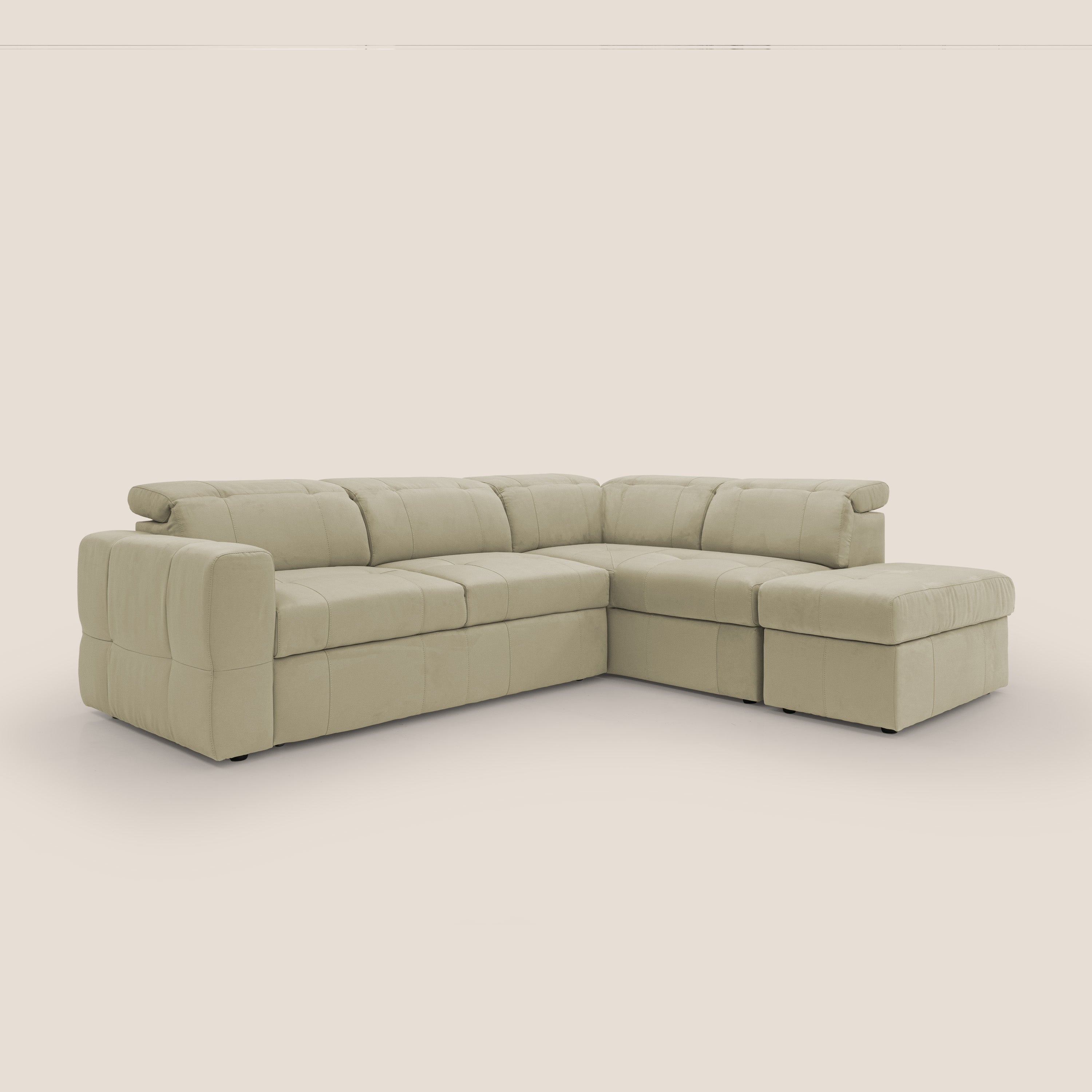 Kronos Divano angolare con poggiapiedi estraibile e pouf contenitore mobile in microfibra impermeabile T11 beige - divani.store
