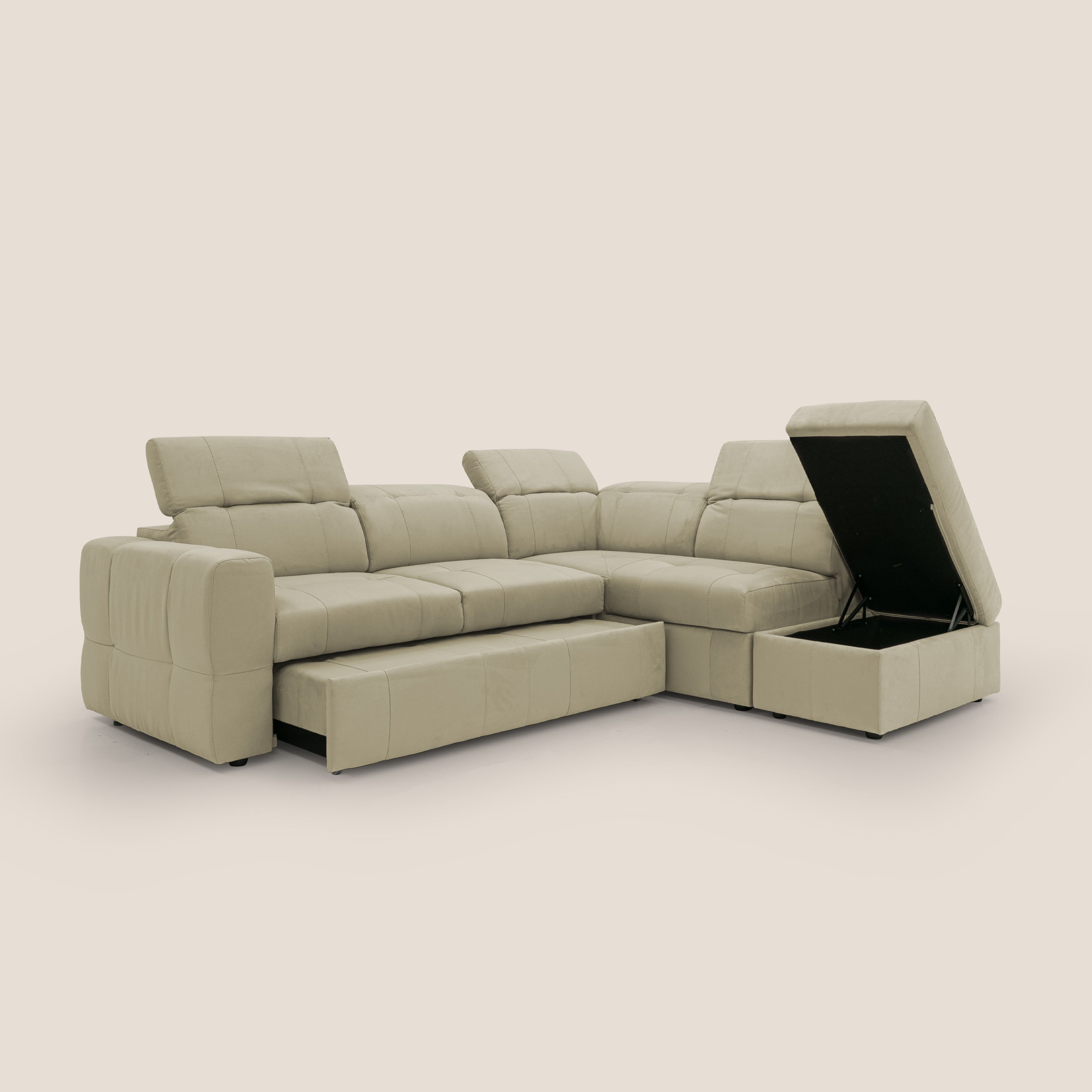 Kronos Divano angolare con poggiapiedi estraibile e pouf contenitore mobile in microfibra impermeabile T11 beige - divani.store