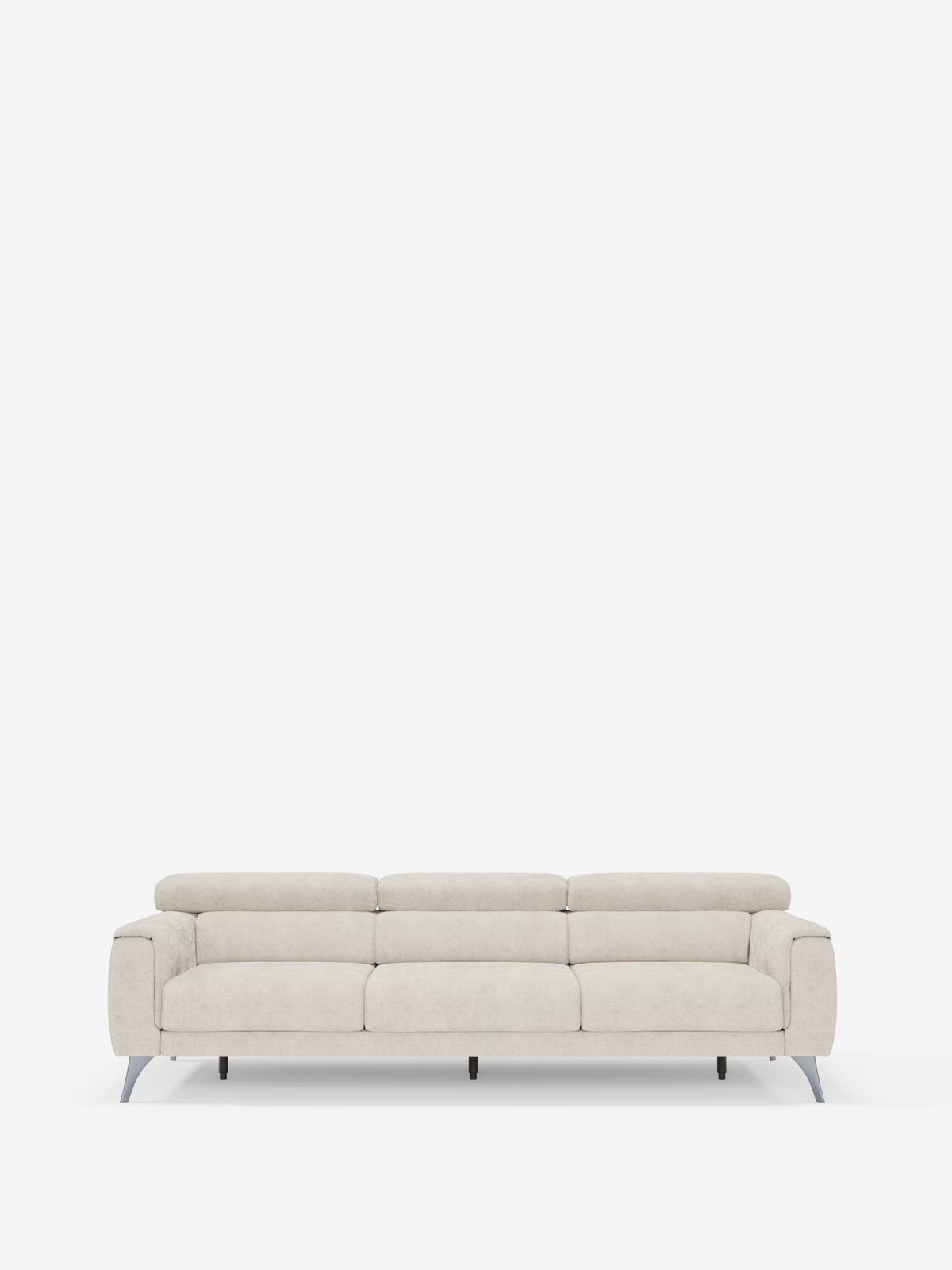 Un divano Caravaggio a 4 posti in beige chiaro, dal design contemporaneo, di Divani.Store, dotato di tre sedute scorrevoli, poggiatesta regolabili e tessuto T31 facile da pulire. Sostenuto da sottili gambe in metallo e messo in risalto da uno sfondo bianco, il suo design minimalista incarna l’eleganza raffinata di un divano moderno.