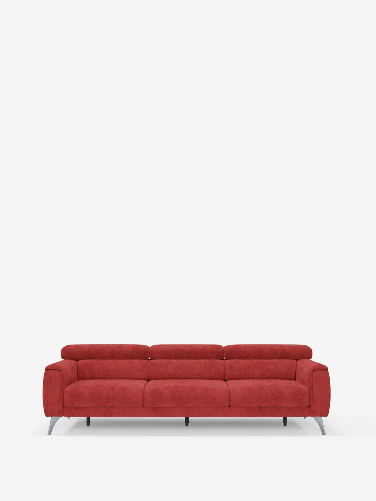 Un divano Caravaggio a 4 posti con tre sedute scorrevoli, dal design elegante e contemporaneo, firmato Divani.Il modello Store, caratterizzato da un lussuoso rivestimento rosso smacchiabile T31, tre cuscini di seduta scorrevoli, schienali bassi con poggiatesta reclinabili e gambe angolate in metallo, è esposto su uno sfondo bianco a tinta unita: una scelta ideale per chiunque sia alla ricerca di un vero divano moderno.