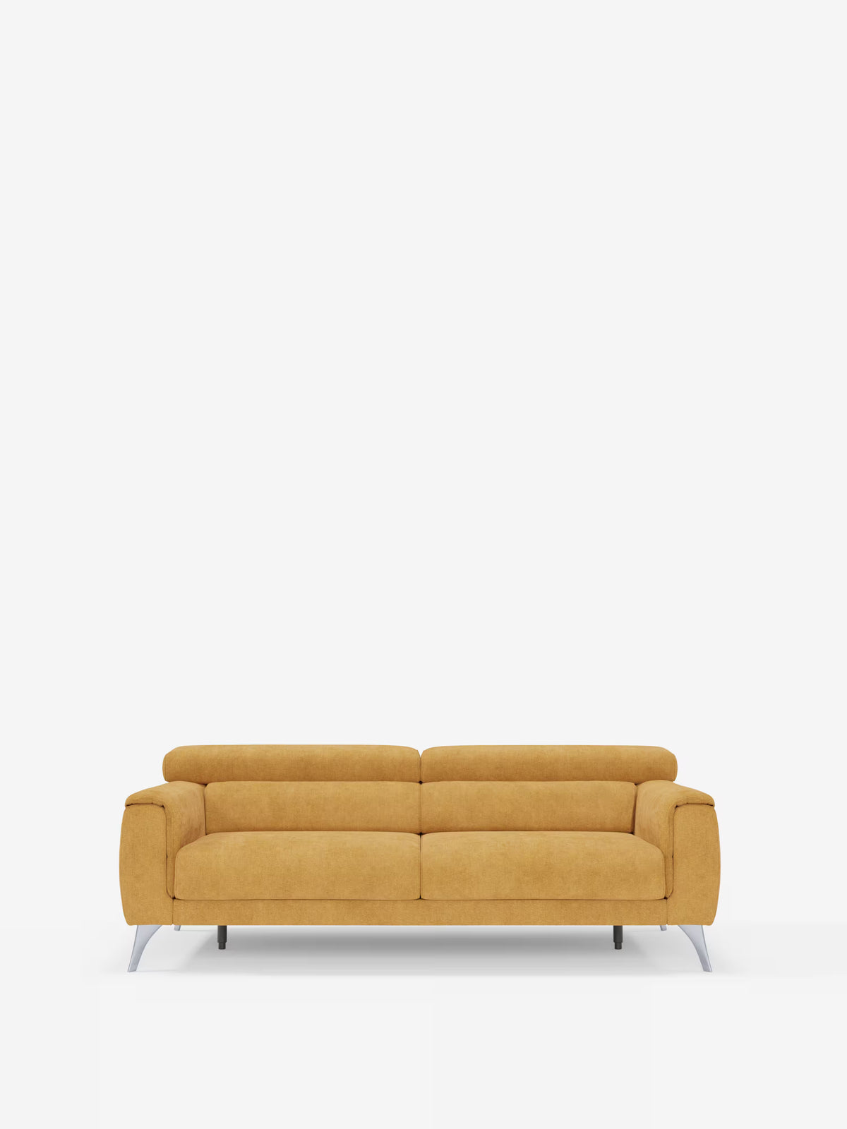 Vi presentiamo il divano Caravaggio a 2 e 3 posti di Divani.Store: un divano lineare moderno, color giallo senape, con morbidi cuscini, schienale basso e braccioli. Questo elegante modello è dotato di sedute allungabili, poggiatesta reclinabili e gambe in metallo argentato. Rivestito in tessuto T31 facile da pulire, il Caravaggio risalta magnificamente su uno sfondo bianco a tinta unita.