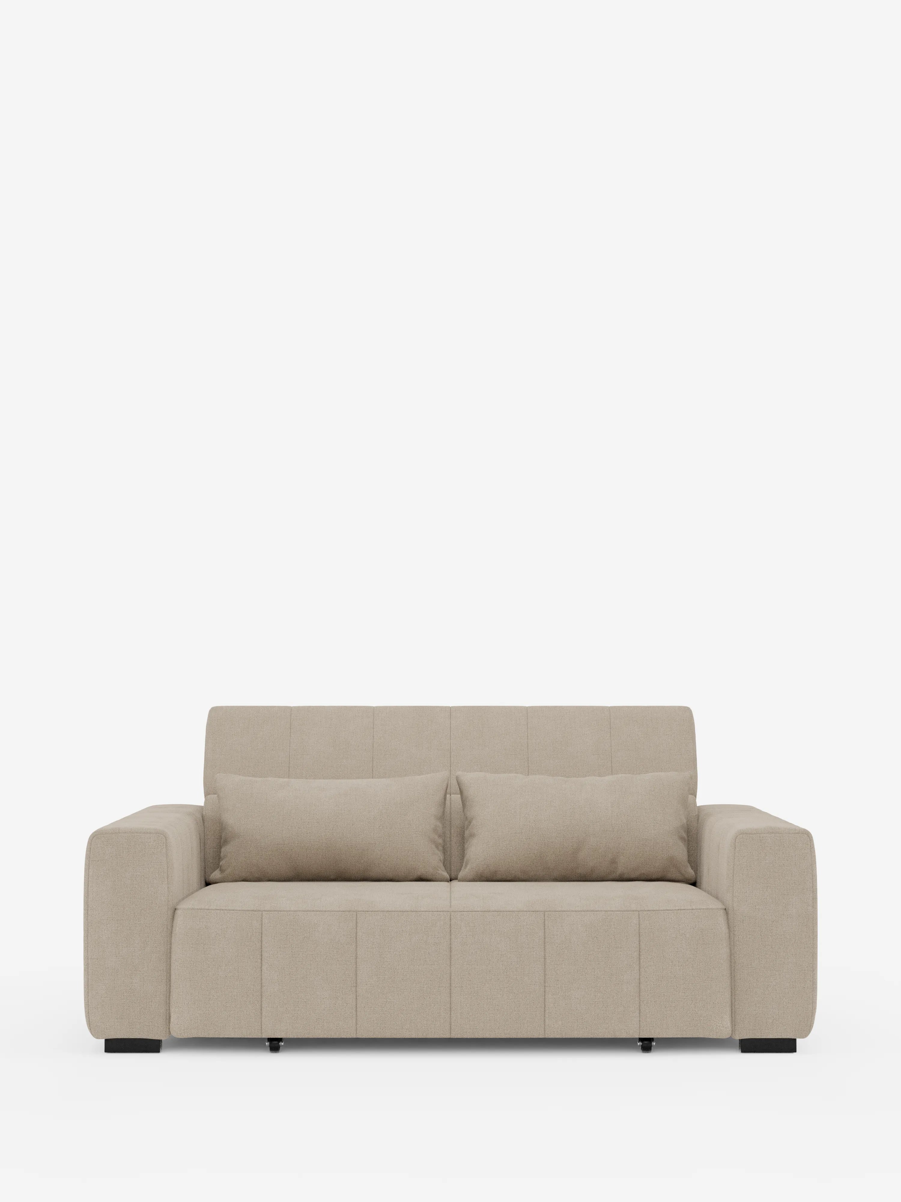 Un moderno divano a tre posti Doric color beige di Divani.Store, caratterizzato da braccioli squadrati, due cuscini coordinati ed eleganti dettagli di cuciture orizzontali e verticali. Questo divano contemporaneo offre sedute estensibili con funzione di reclinazione elettrica e un poggiatesta regolabile, rivestito in tessuto T23 facile da pulire. Poggia su quattro gambe corte nere su uno sfondo bianco a tinta unita.