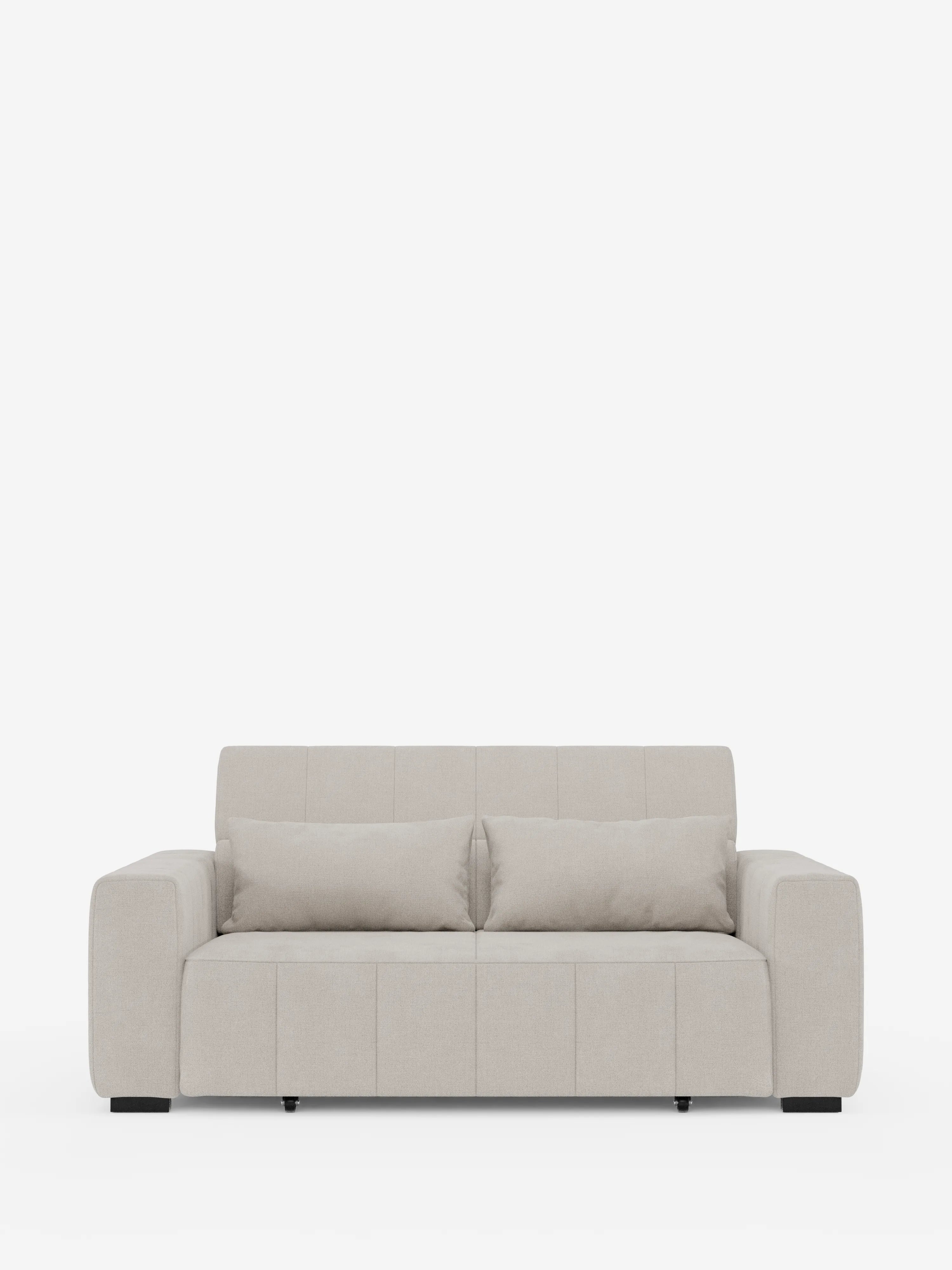Un divano a tre posti “Doric” in stile contemporaneo color beige di Divani.Store, dotato di sedute estensibili con funzione di relax elettrica e poggiatesta reclinabili in tessuto T23 antimacchia, spicca su uno sfondo bianco a tinta unita. Il divano presenta ampi braccioli, due cuscini di seduta, due cuscini dello schienale abbinati, gambe corte nere e linee pulite e minimaliste.