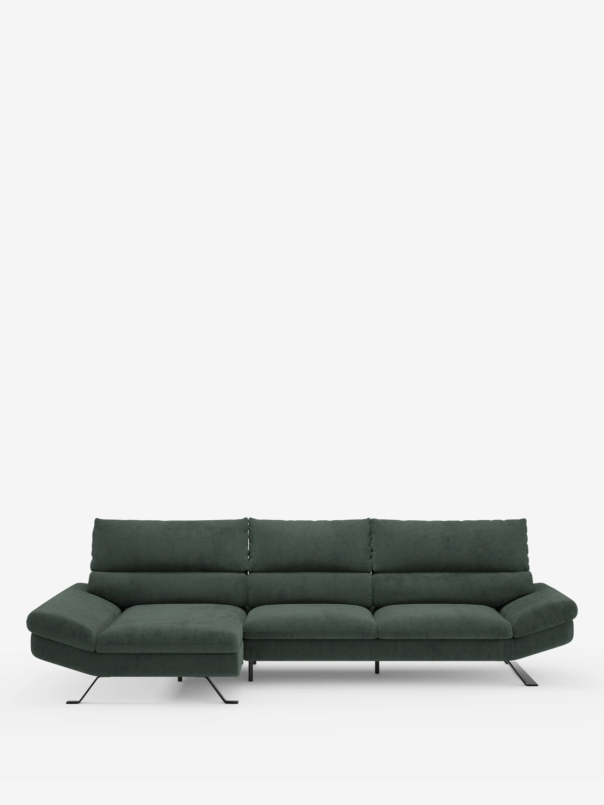 Divano angolare Eclipse con penisola a sinistra e schienali scorrevoli in microfibra tecnica smacchiabile T11 di Divani.Store, caratterizzato da un elegante colore verde scuro, gambe sottili in metallo, schienali bassi e braccioli ampi, presentato su uno sfondo bianco neutro.