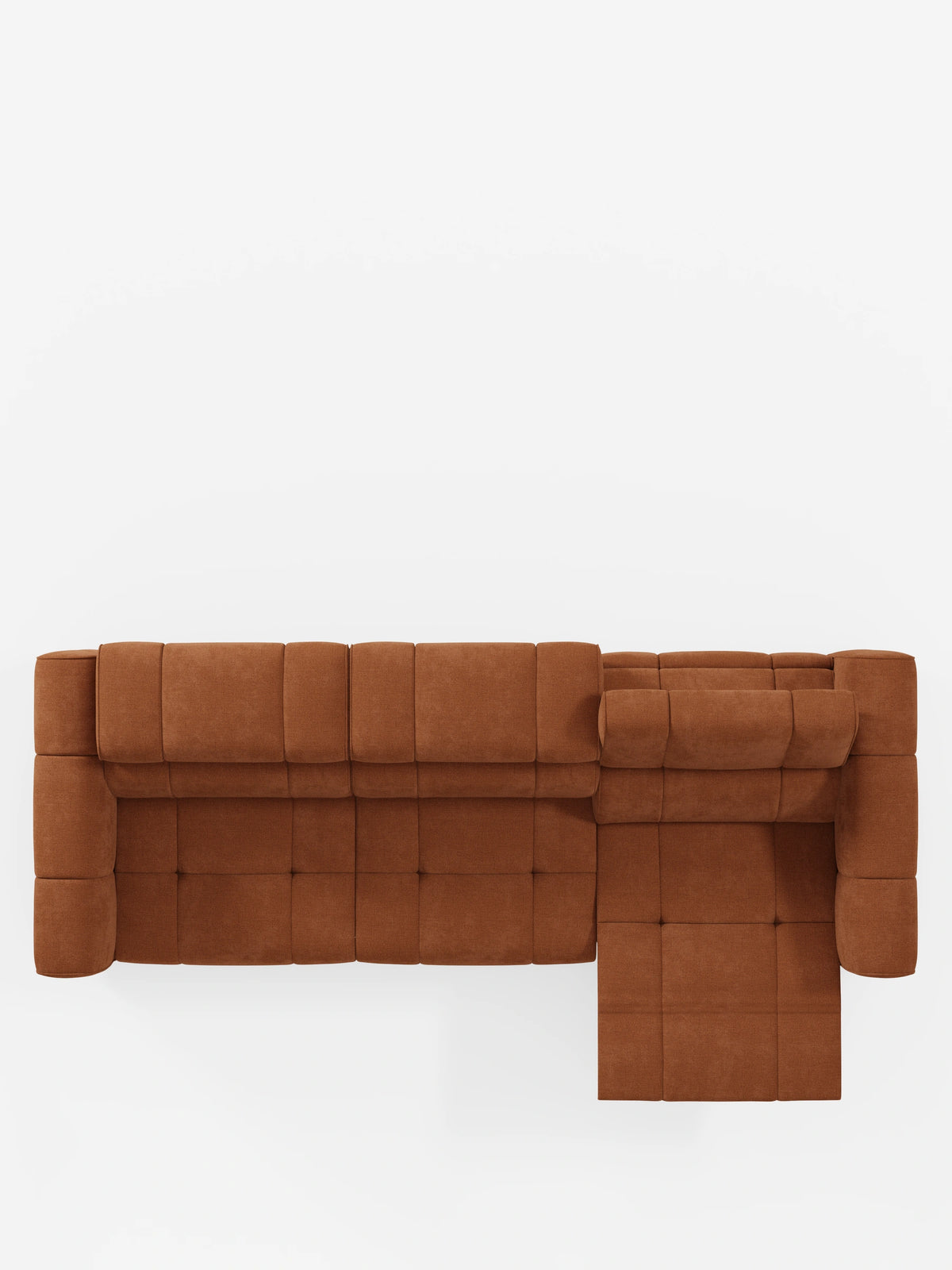 Vista dall'alto di un divano modulare Giotto a 4 posti color ruggine, con poggiatesta reclinabili e funzione relax elettrica opzionale, rivestito in tessuto smacchiabile T23, caratterizzato da una chaise longue allungata e da un poggiatesta rialzato in stile contemporaneo.