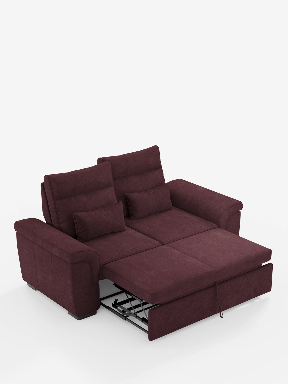 Divano Ischia a 3 posti con pouf estraibile e schienali regolabili, rivestito in tessuto misto lino smacchiabile color bordeaux scuro, con pouf allungato, due schienali regolabili e piccoli cuscini coordinati su uno sfondo bianco a tinta unita.