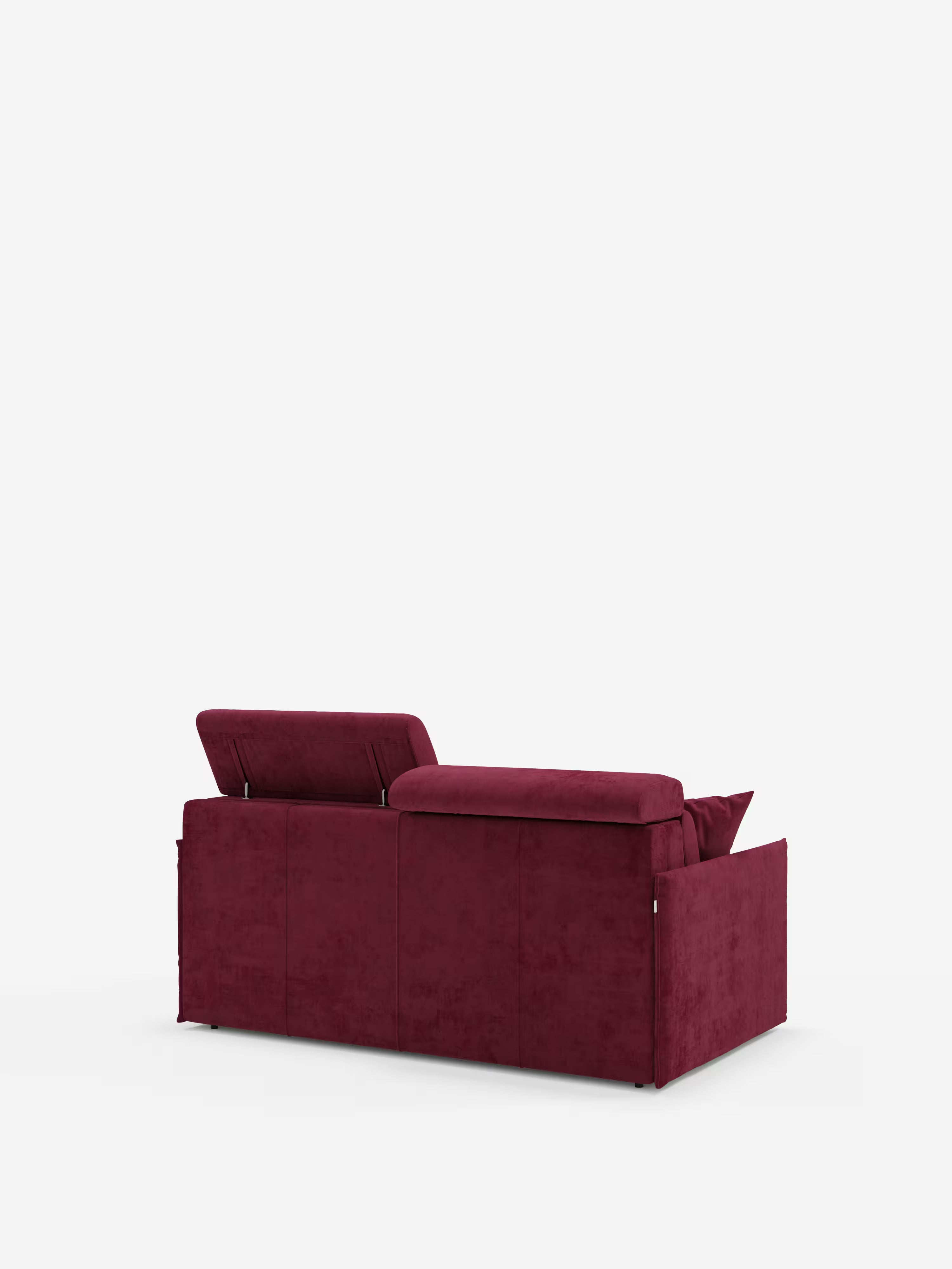 Il divano letto Miryam con poggiatesta reclinabili e comfort maxi di Divani.Store, qui raffigurato di retro in una moderna finitura in velluto rosso intenso, presenta un poggiatesta rialzato e uno piatto. Questo divano letto compatto si distingue per le linee pulite e il design minimalista, realizzato in morbido tessuto smacchiabile T31 su uno sfondo bianco a tinta unita.