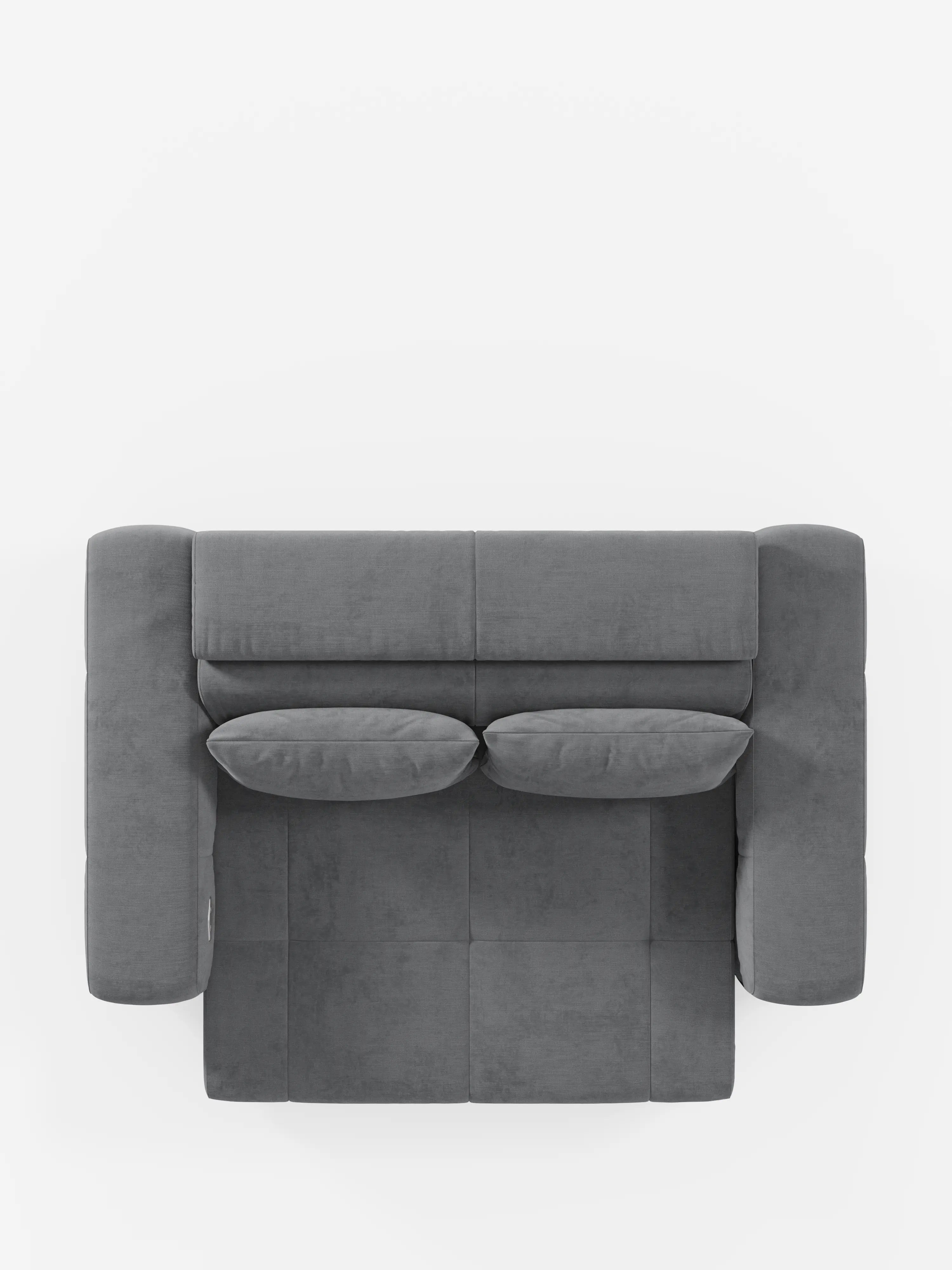 Vista dall'alto del divano Monarch con funzione relax elettrica per l'allungamento delle sedute e poggiatesta reclinabile di Divani.Store, che mette in risalto il suo design moderno in grigio con sedute quadrate e due cuscini rettangolari abbinati. Questo divano è caratterizzato da ampi braccioli e da un’estetica pulita e minimalista, realizzata in morbido tessuto T31 resistente alle macchie, che risalta su uno sfondo bianco a tinta unita.