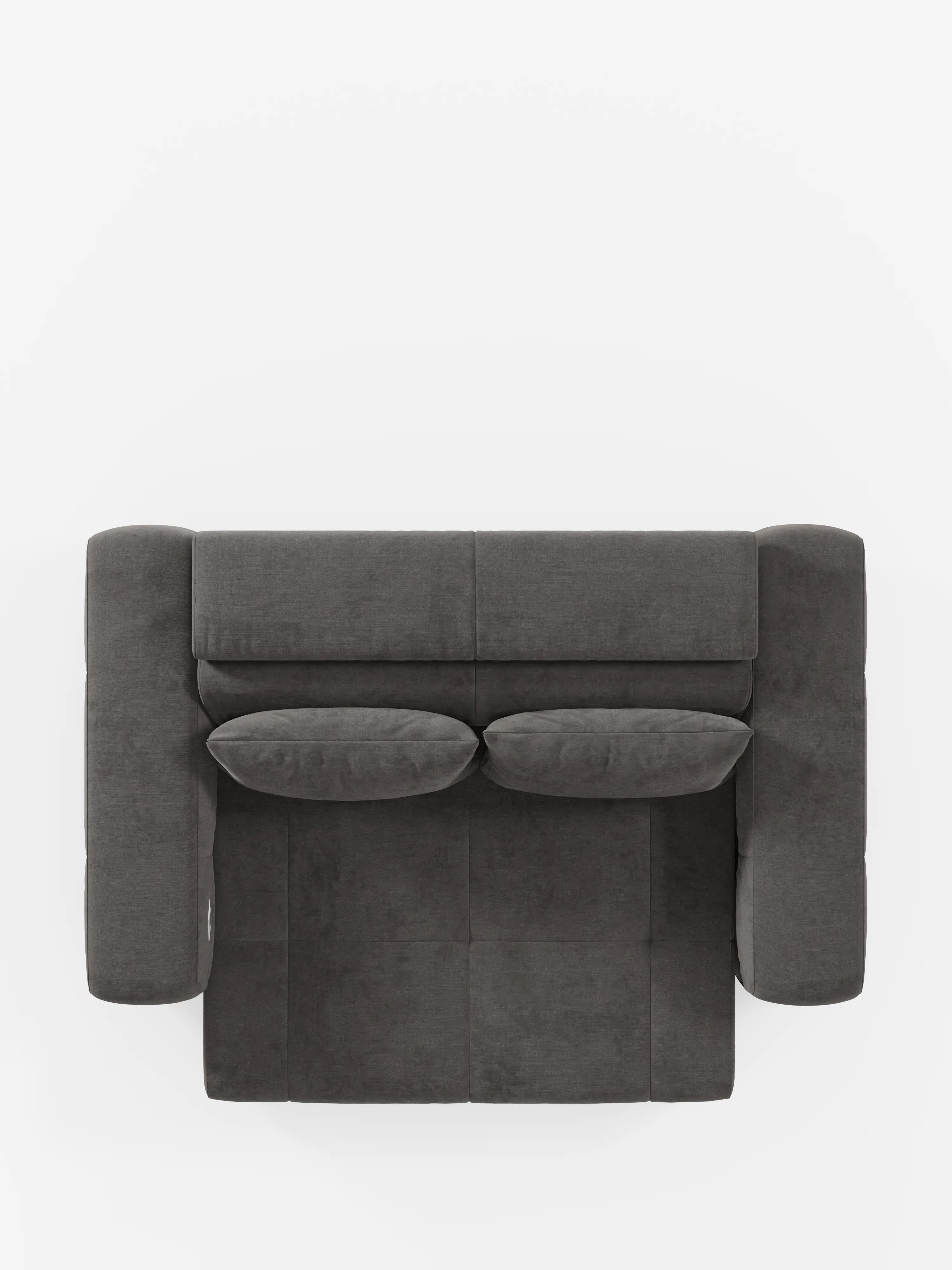 Vista dall'alto di un divano Monarch moderno, color grigio scuro, con funzione Relax Elettrico per l'allungamento delle sedute e poggiatesta reclinabile, realizzato in morbido tessuto smacchiabile T31 di Divani.Store, con due cuscini coordinati. Questo elegante divano presenta linee pulite e braccioli spessi dal design minimalista che risaltano sullo sfondo bianco. I cuscini della seduta e dello schienale sono perfettamente allineati.