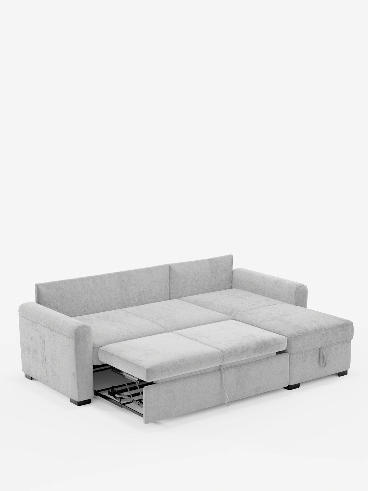 Un divano letto Ottaviano grigio chiaro con letto estraibile - penisola reversibile e contenitore in tessuto materico smacchiabile, caratterizzato da una chaise longue e da un letto estraibile integrato in tessuto materico su sfondo bianco.