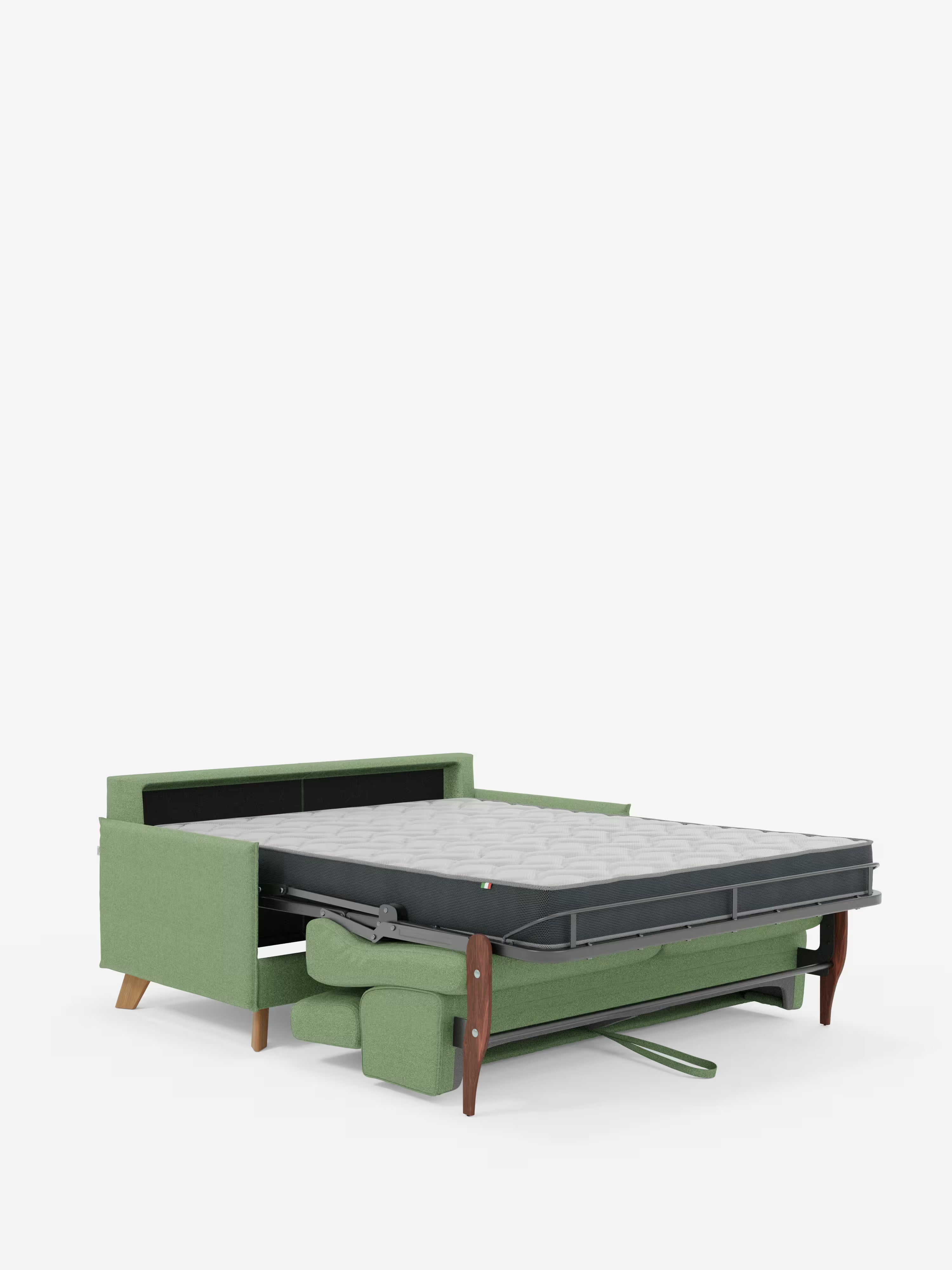Un moderno e ecologico "Sole divano letto matrimoniale dal design compatto" di Divani.Store è raffigurato aperto in modalità letto. Caratterizzato da gambe in legno, il materasso si estende verso l'esterno lasciando visibili lo schienale e i braccioli del divano. Il design minimalista comprende poggiatesta regolabili e un rivestimento in tessuto T23 completamente sfoderabile e resistente alle macchie, che risalta su uno sfondo bianco a tinta unita.