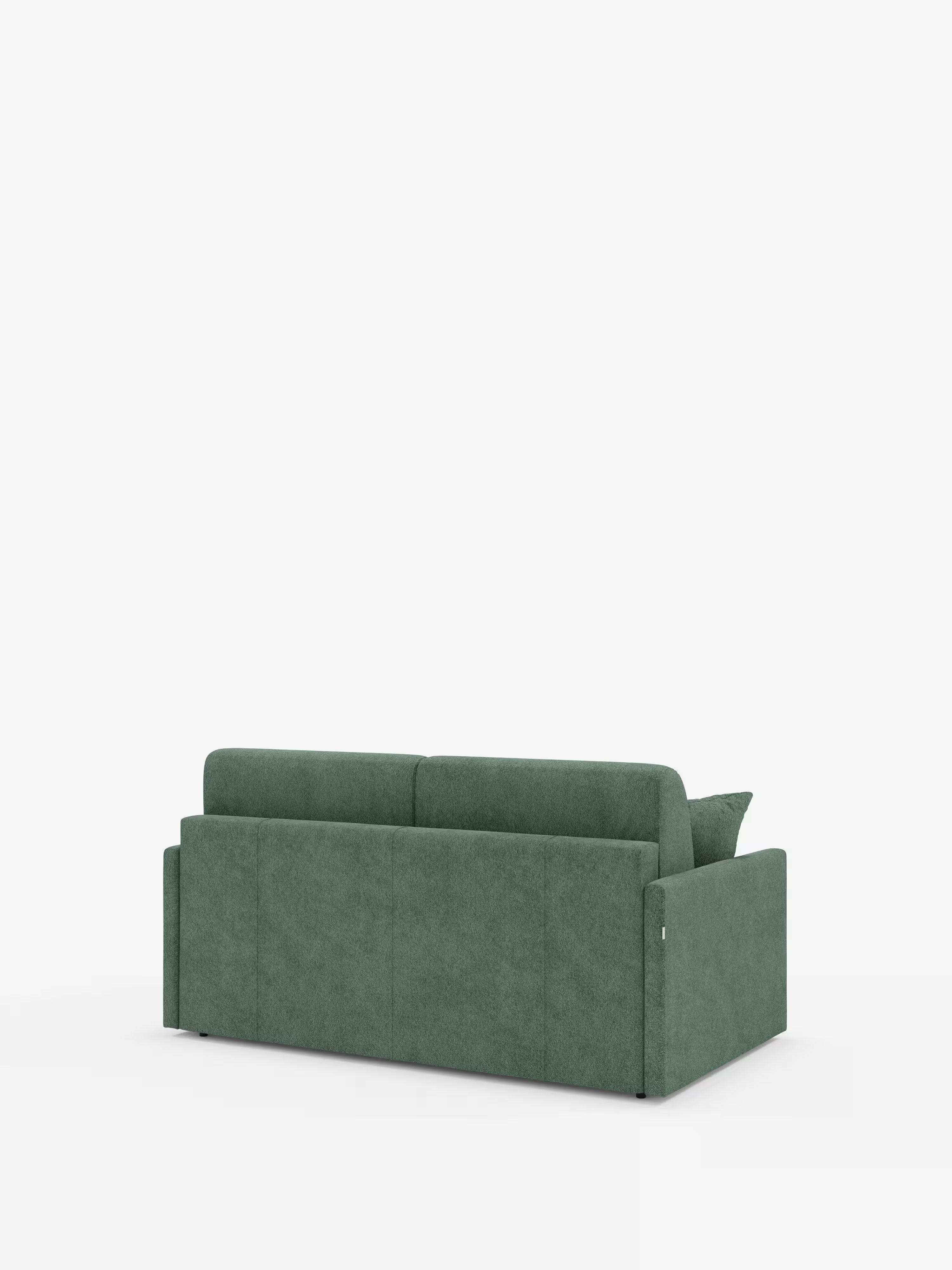 Un "Tommy Divano letto 2 e 3 posti matrimoniale" verde di Divani.Store, rivestito in tessuto T33 simile al cotone, 100% sfoderabile e antimacchia, è ripreso nella vista posteriore. Il divano presenta linee pulite, braccioli squadrati e due cuscini dello schienale ben visibili. Su uno sfondo bianco a tinta unita, l’immagine mette in risalto il colore e la trama del divano, senza altri oggetti in primo piano.