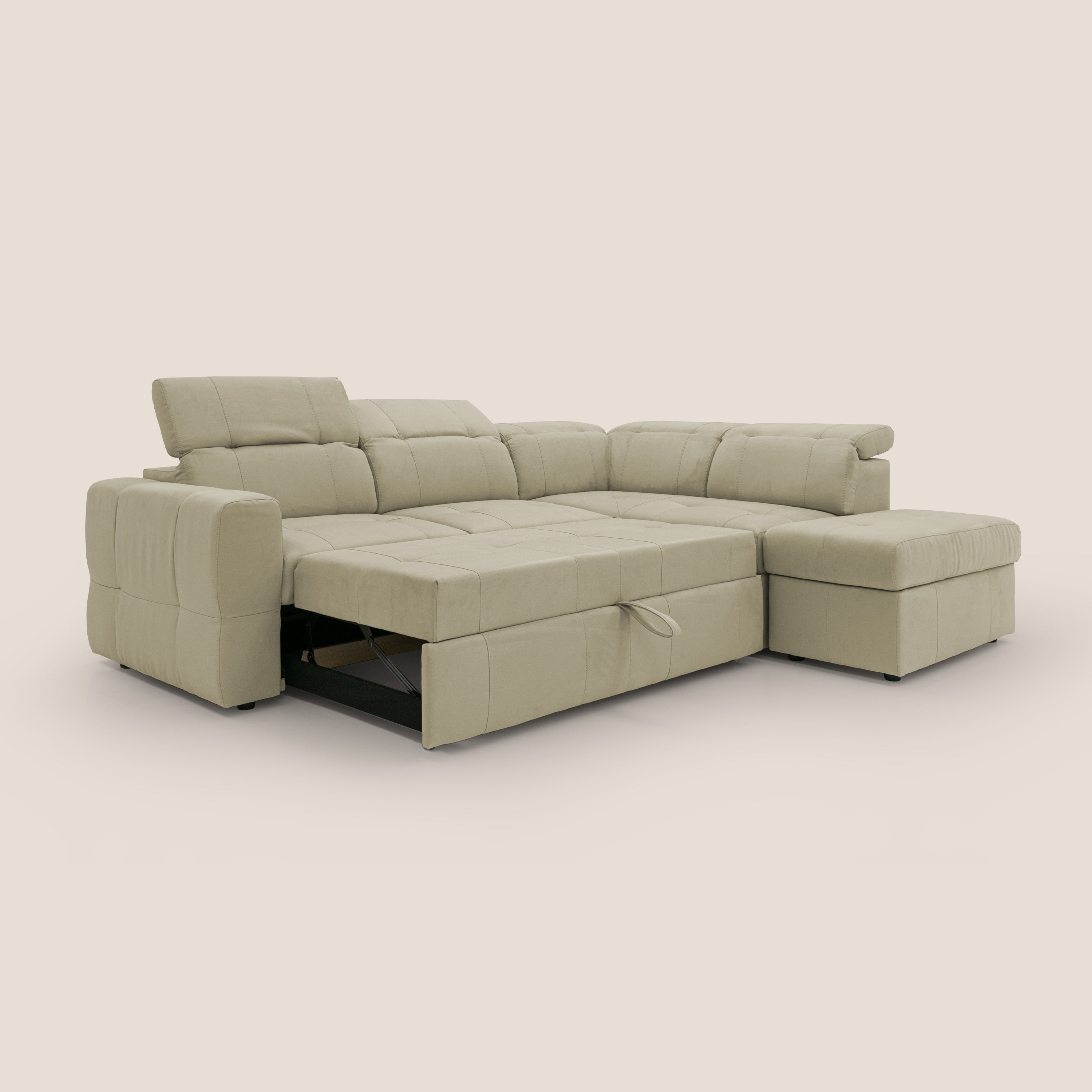 Kronos Divano angolare con poggiapiedi estraibile e pouf contenitore mobile in microfibra impermeabile T11 beige - divani.store