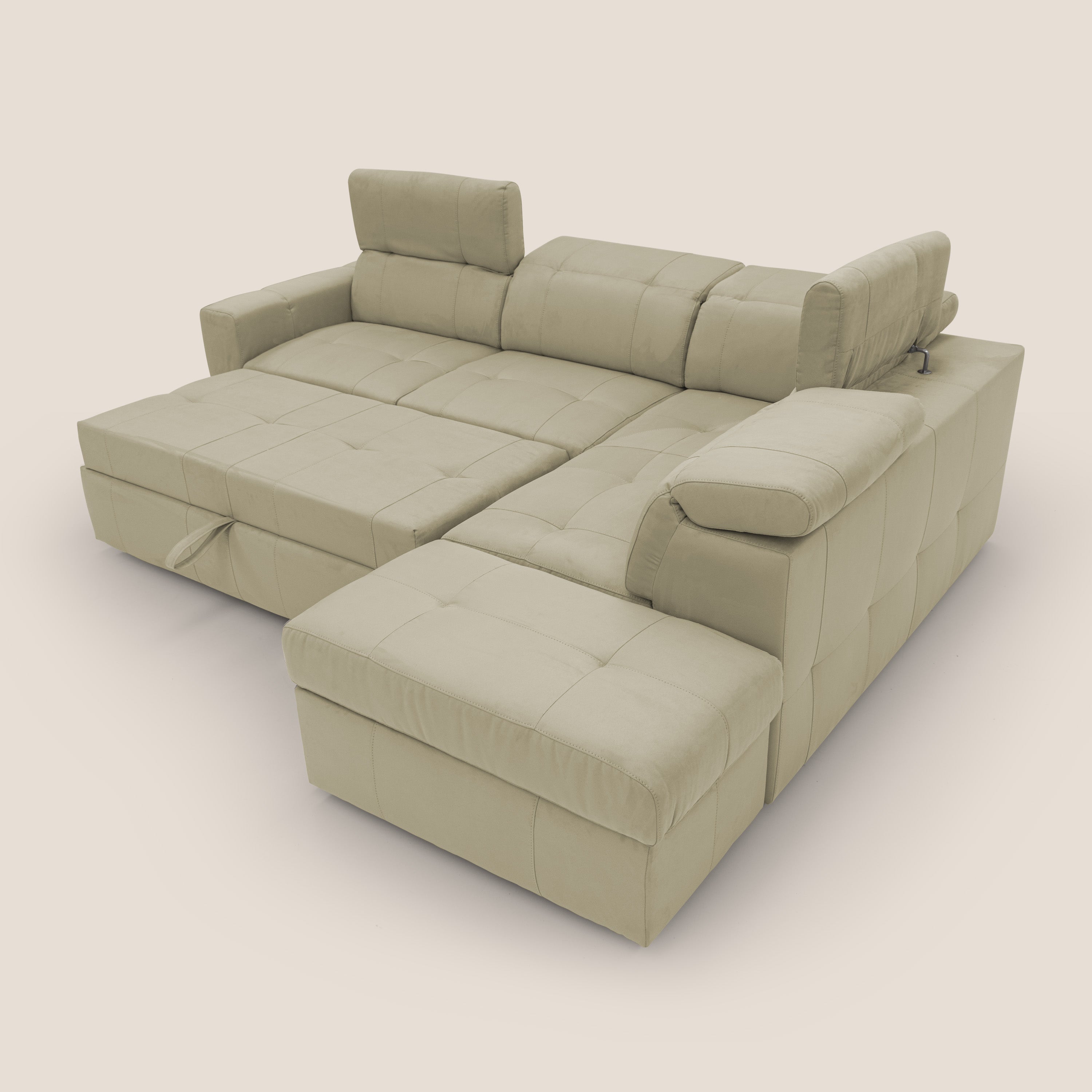 Kronos Divano angolare con poggiapiedi estraibile e pouf contenitore mobile in microfibra impermeabile T11 beige - divani.store