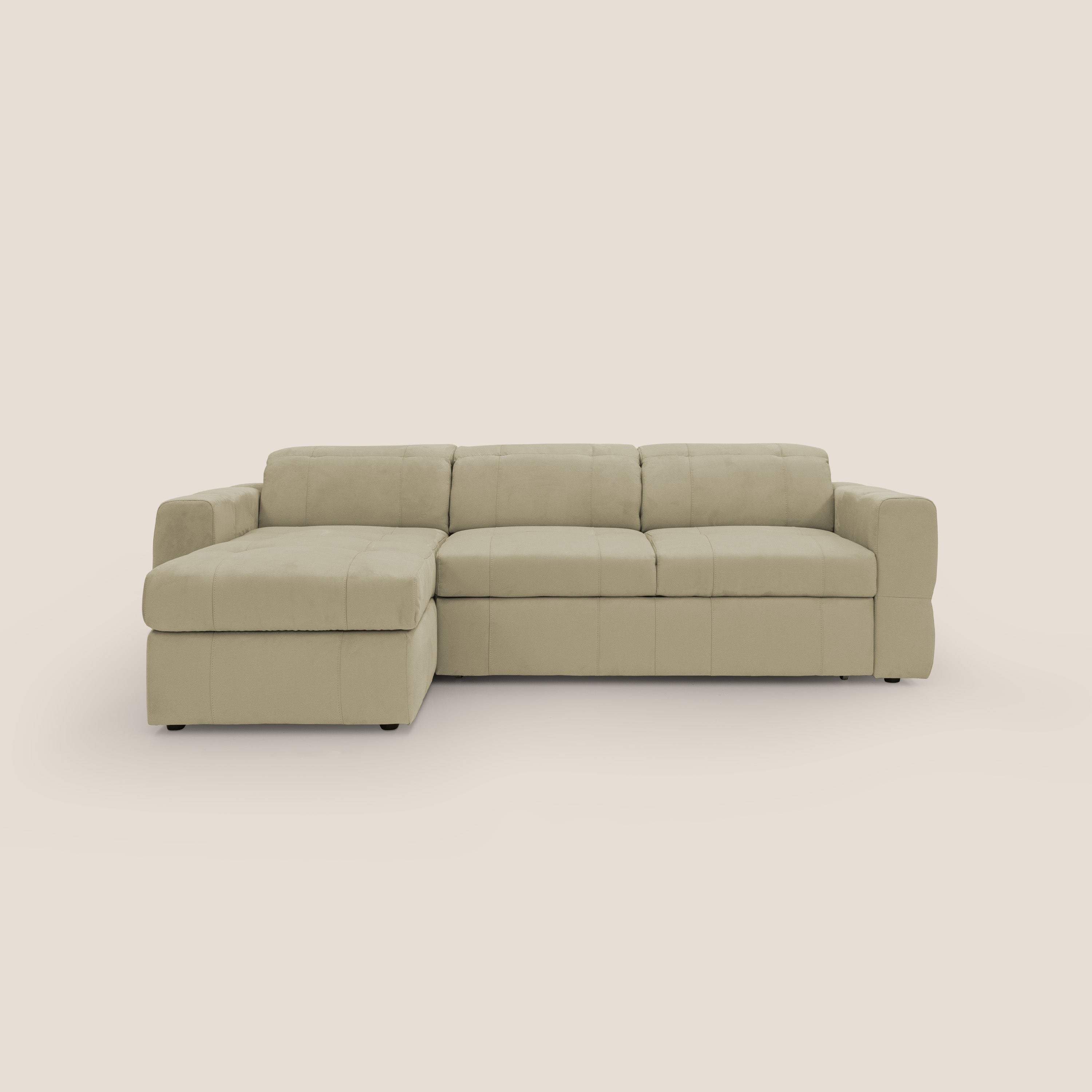 Kronos Divano angolare con pouf estraibile e penisola contenitore in microfibra impermeabile T11 beige - divani.store